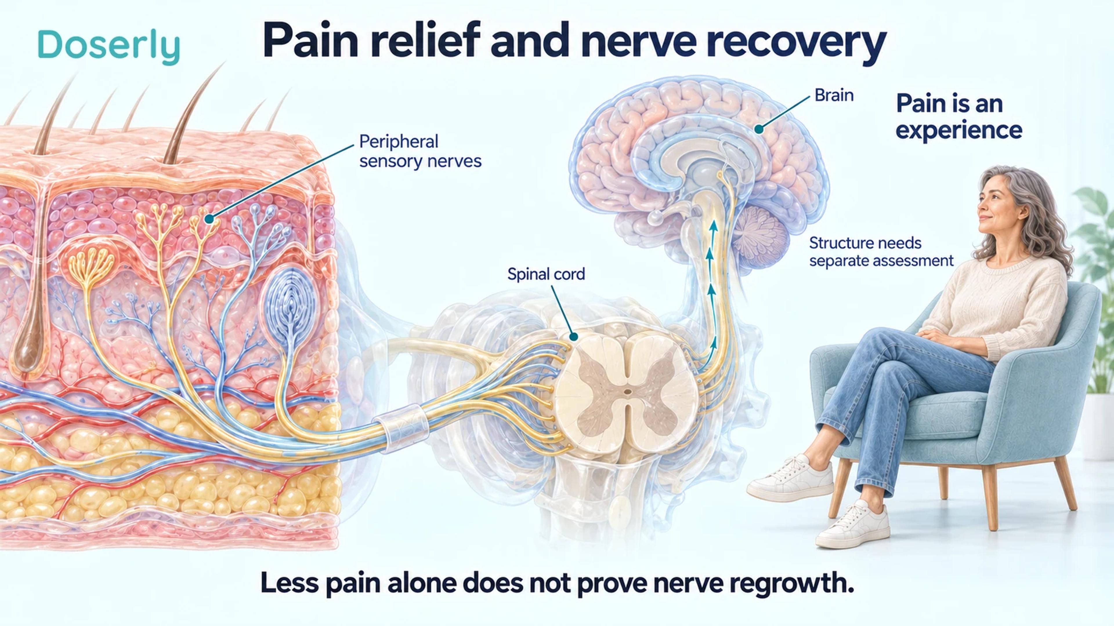 Skin sensory nerves, a spinal cord and brain illustrated beside a seated adult.