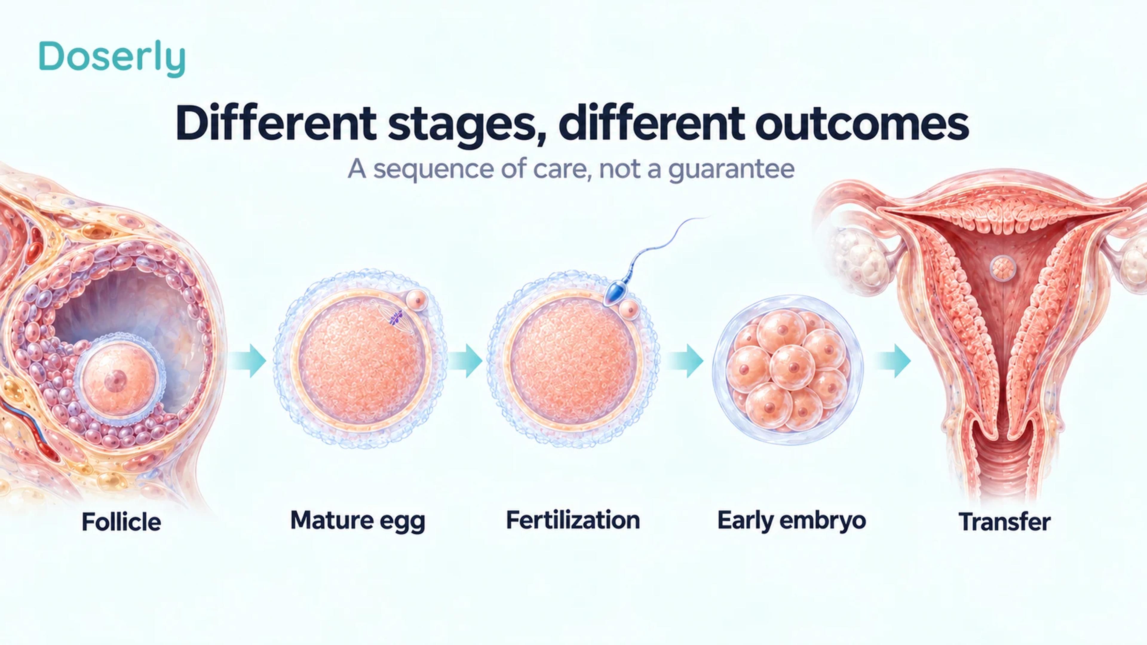 A follicle followed by a mature metaphase-II egg with a first polar body and no intact nucleus, initial sperm contact, an early embryo, and transfer to the uterus.