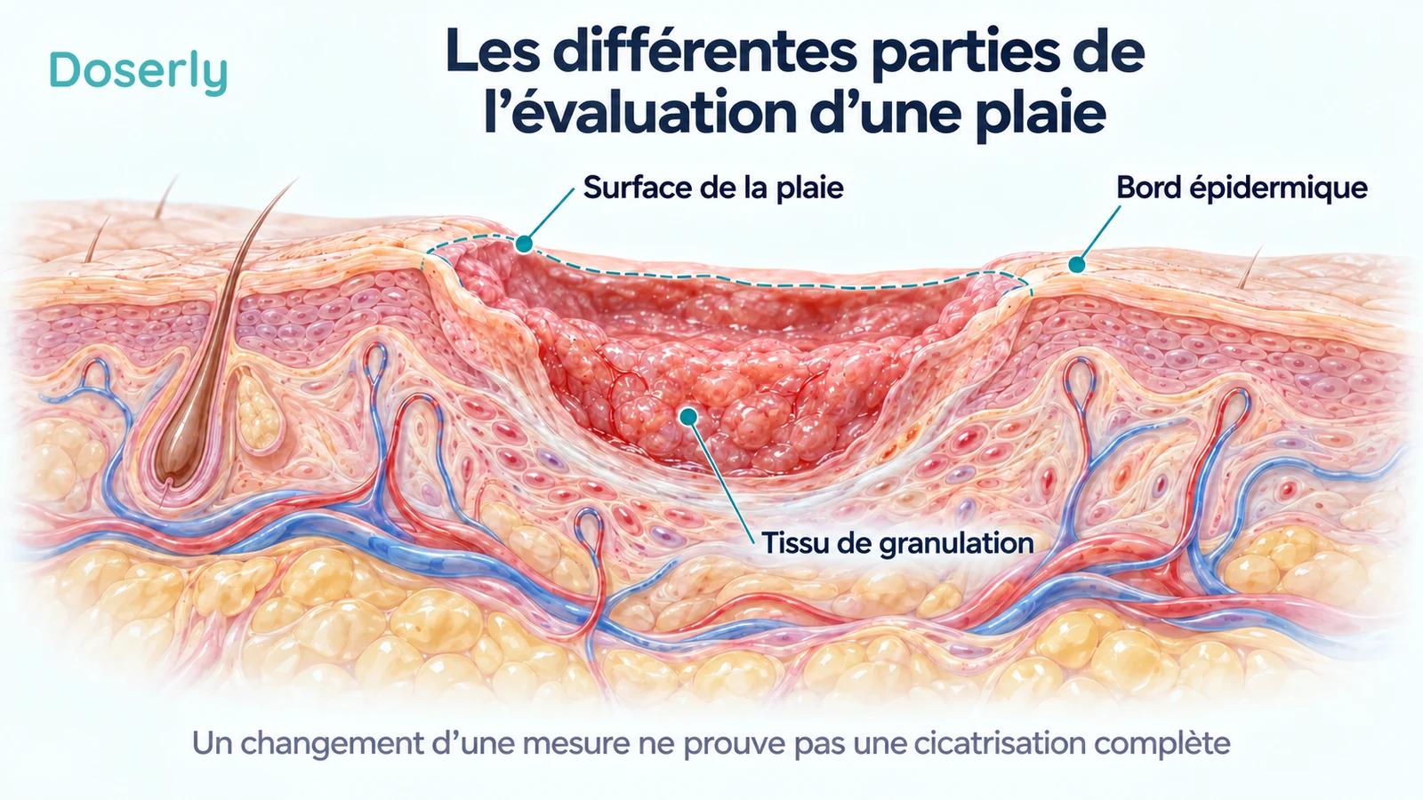 Une vue en coupe d’une plaie identifie sa surface, le tissu de granulation et le bord épidermique intact.
