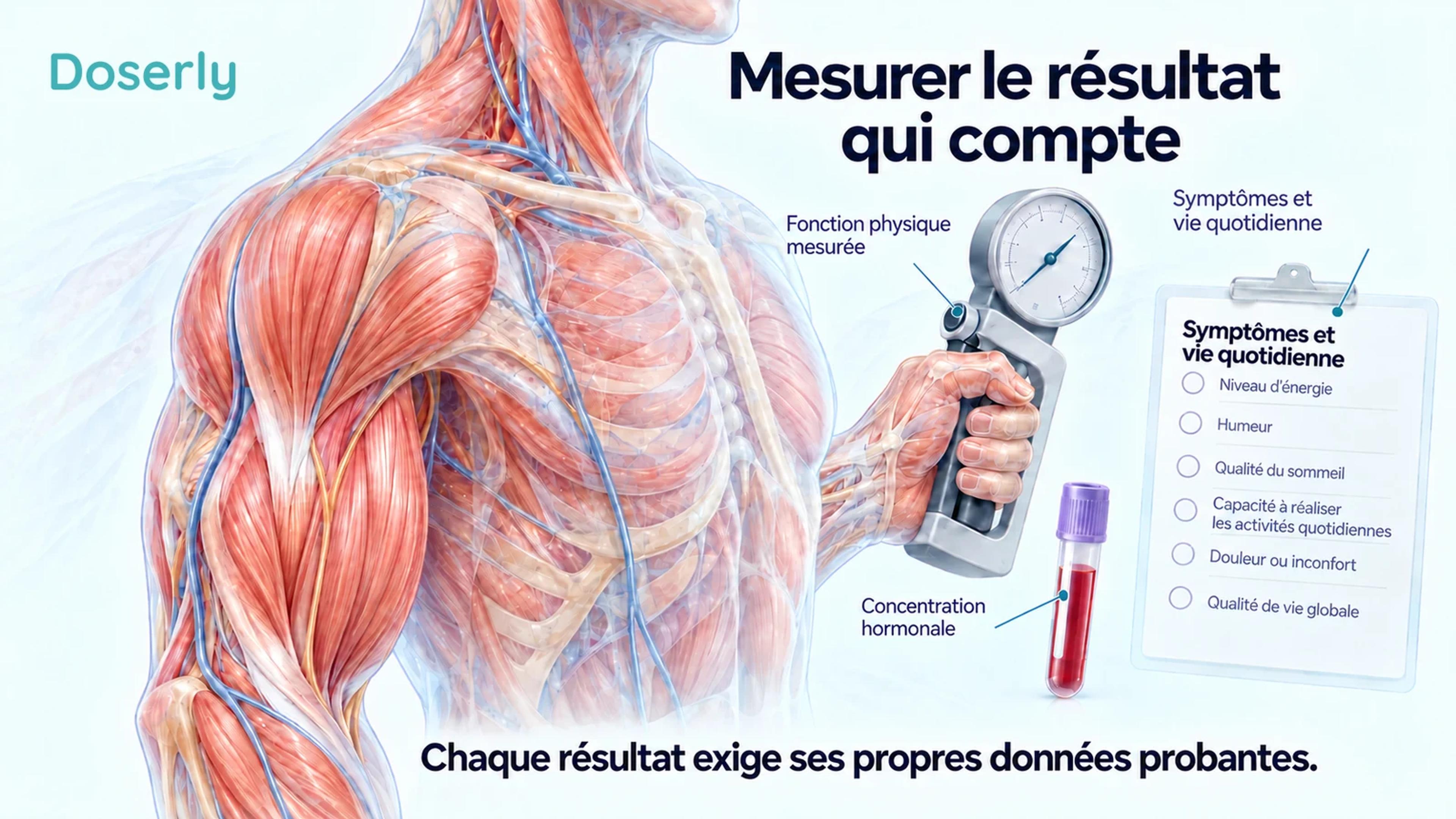 Une illustration détaillée d’une épaule et d’un bras accompagne un échantillon sanguin, un instrument de mesure de la force de préhension et un questionnaire de symptômes sans scores.