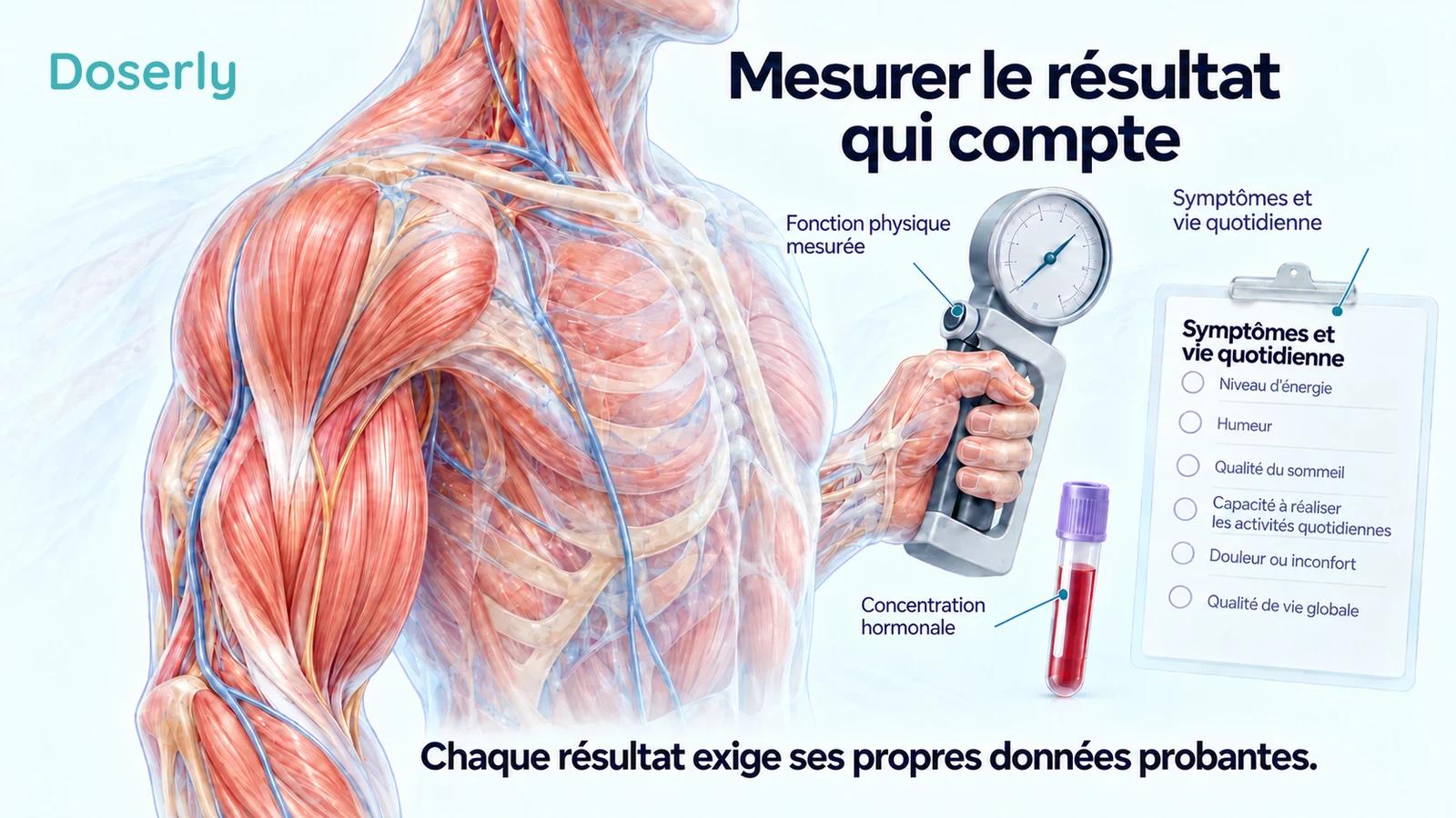 Une illustration détaillée d’une épaule et d’un bras accompagne un échantillon sanguin, un instrument de mesure de la force de préhension et un questionnaire de symptômes sans scores.