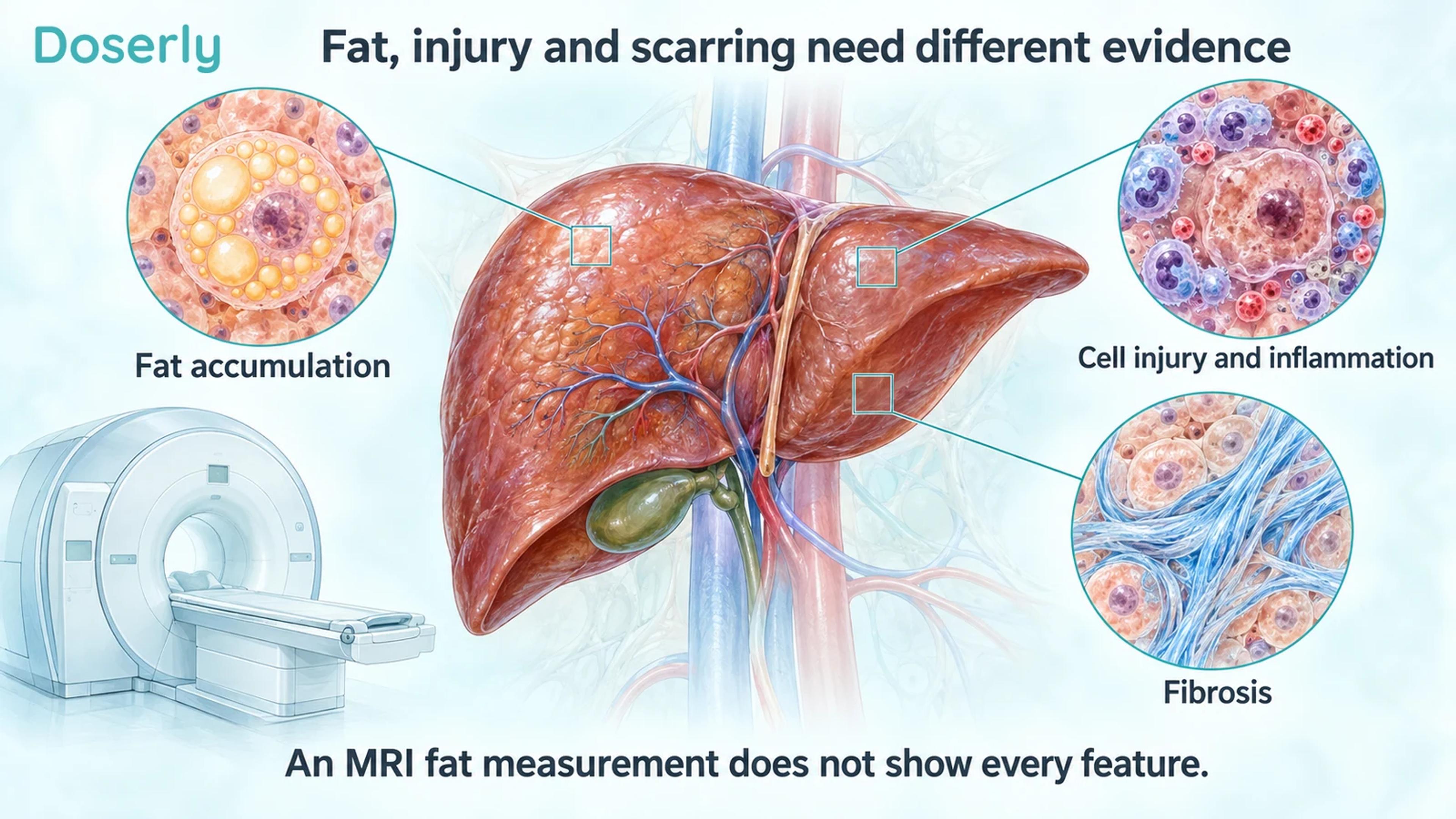 Detailed liver with separate tissue views of fat accumulation, inflammation and fibrosis beside an MRI scanner