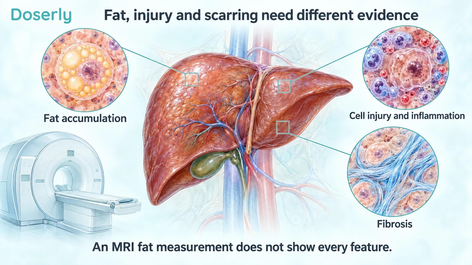 Detailed liver with separate tissue views of fat accumulation, inflammation and fibrosis beside an MRI scanner