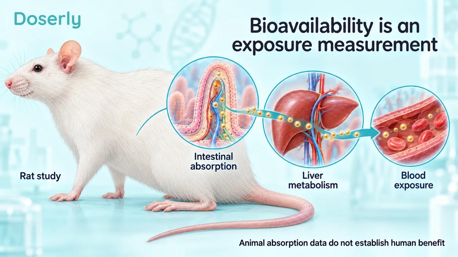 Laboratory rat beside schematic intestinal absorption, liver metabolism and blood-exposure insets.
