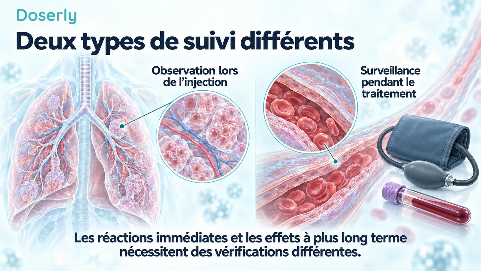 Des poumons translucides côtoient une illustration distincte d’un vaisseau sanguin, un tube de prélèvement et un brassard de tensiomètre, distinguant l’observation lors de l’injection du suivi ultérieur.