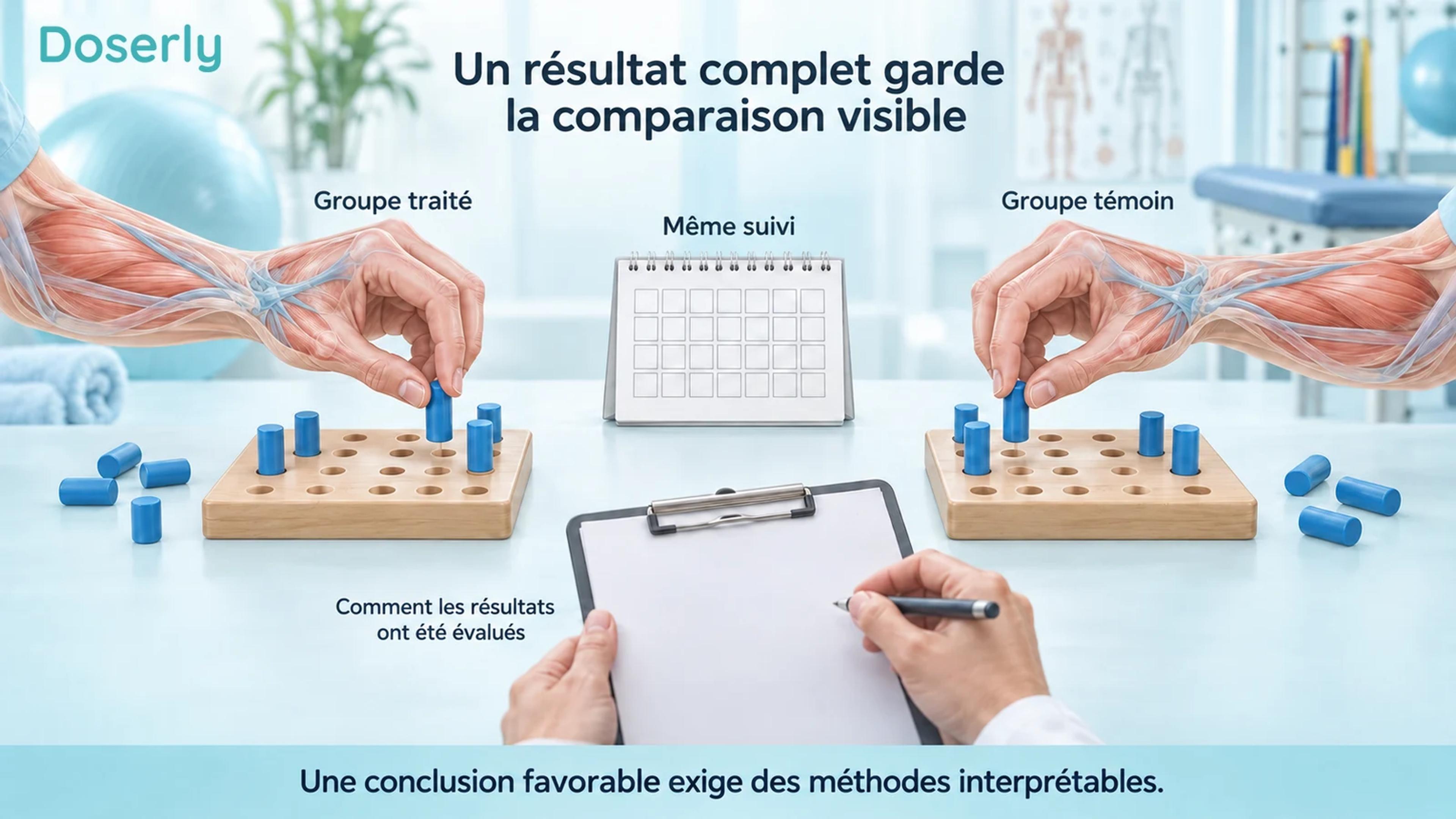 Deux mains anatomiquement équivalentes effectuant la même tâche sur une planche à chevilles, avec un suivi et une évaluation des résultats communs.