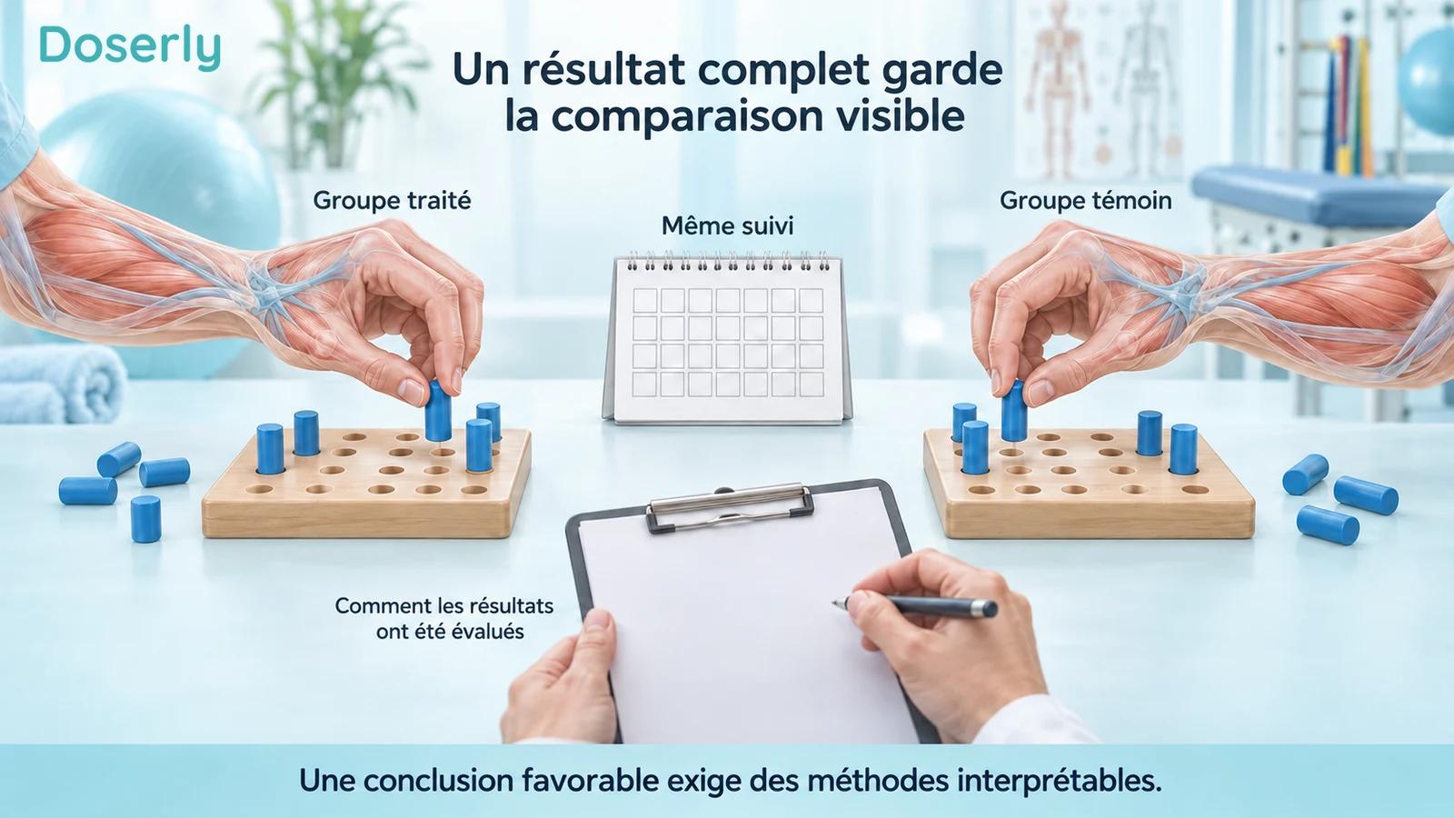Deux mains anatomiquement équivalentes effectuant la même tâche sur une planche à chevilles, avec un suivi et une évaluation des résultats communs.