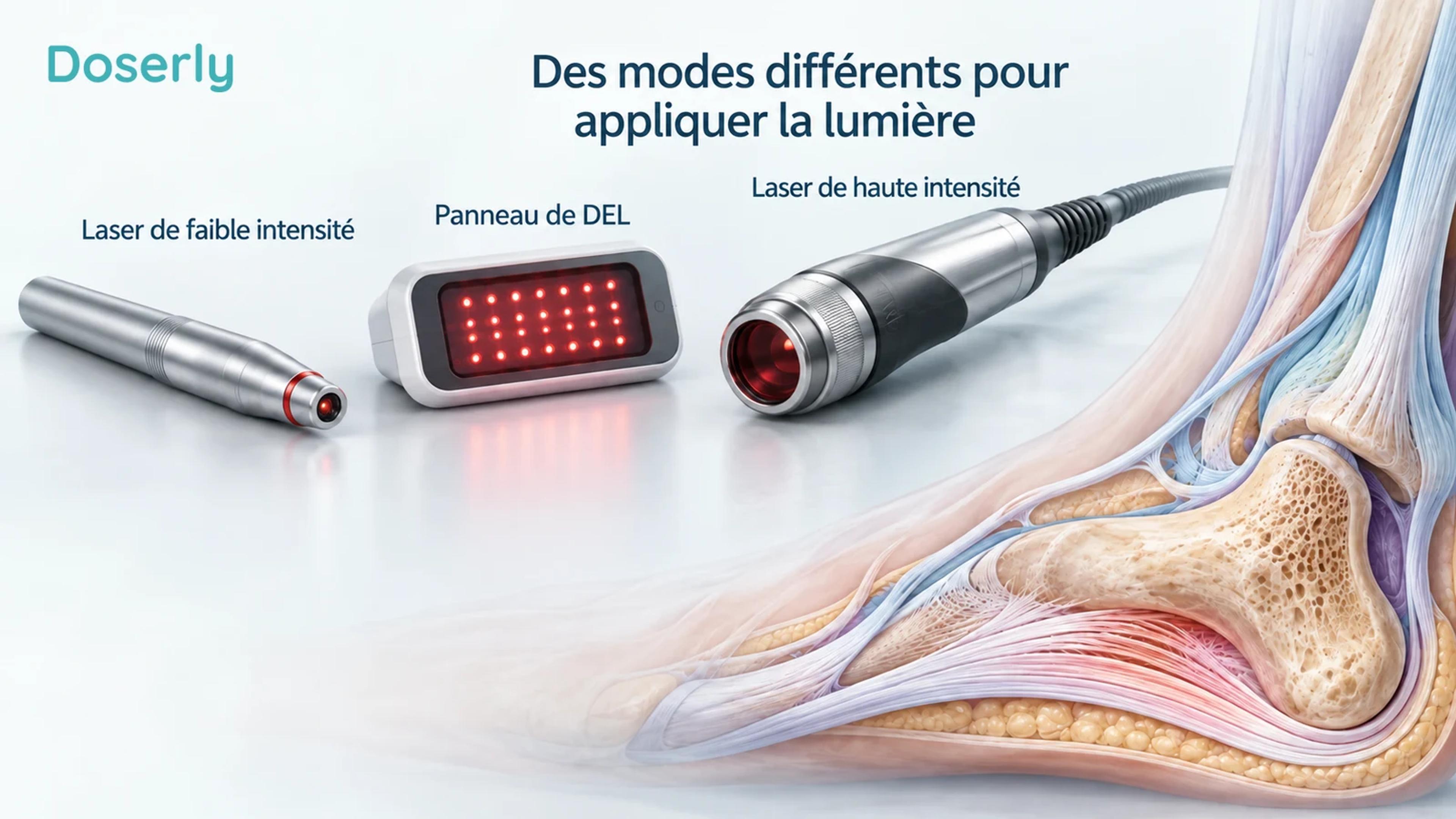 Une sonde lumineuse clinique et un émetteur à DEL plus large, représentés séparément à côté d’une coupe détaillée du talon, sans réglages d’exposition ni consignes de traitement.