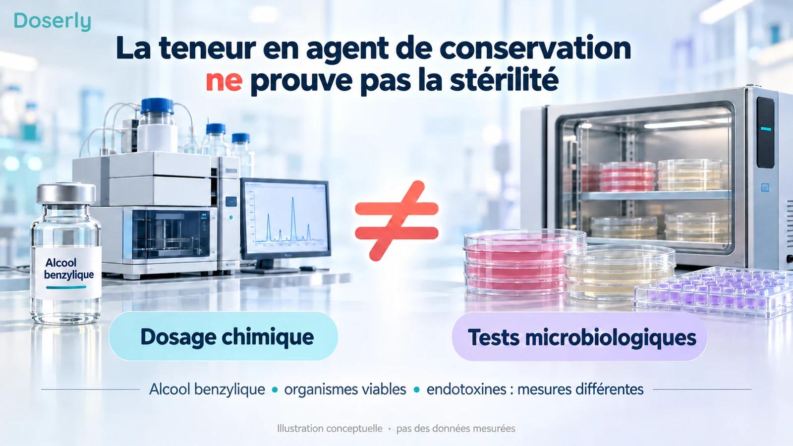 Une molécule d’agent de conservation, une fiole entamée et une boîte de culture illustrant que la teneur chimique en agent de conservation ne prouve pas la stérilité.