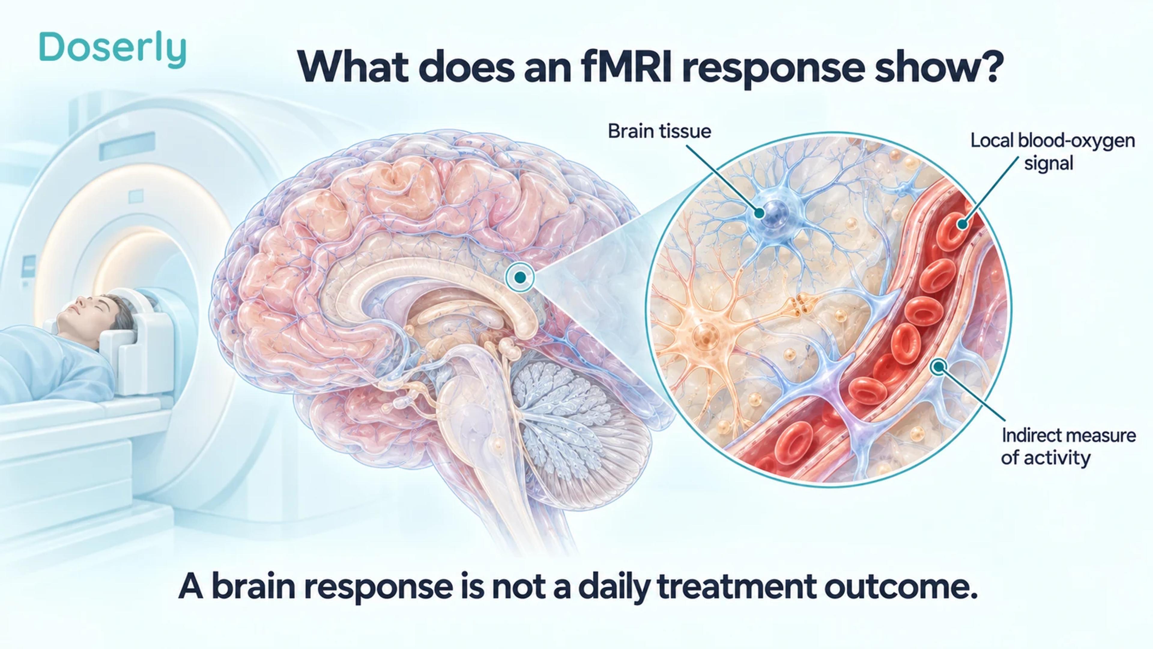 A conceptual brain and magnified neural tissue beside a blood vessel illustrate the indirect blood-oxygen signal measured by fMRI.