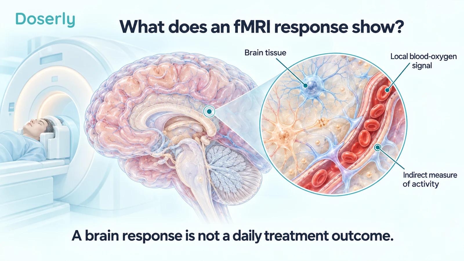 A conceptual brain and magnified neural tissue beside a blood vessel illustrate the indirect blood-oxygen signal measured by fMRI.