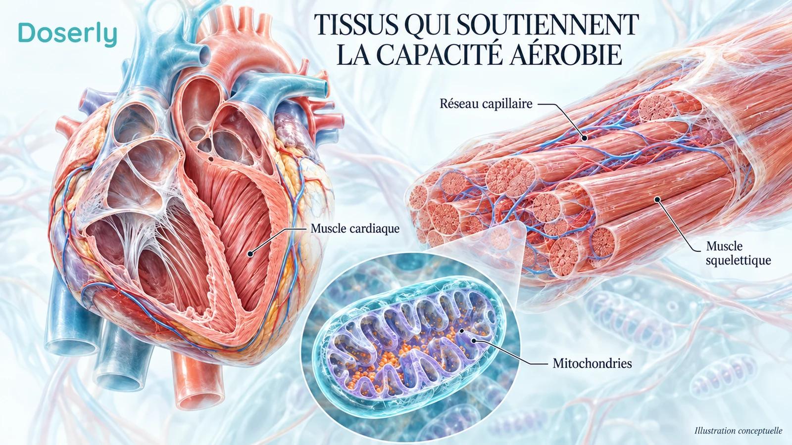 Représentation conceptuelle détaillée du cœur et du muscle squelettique montrant les tissus qui participent à l’exercice aérobie.