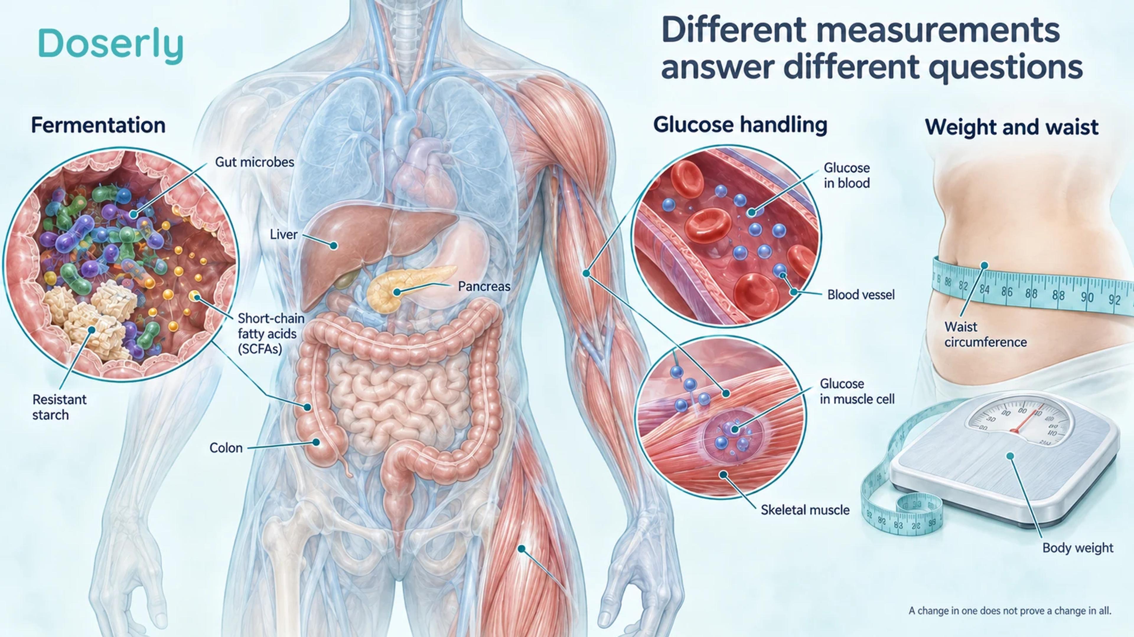 Separate views of colonic fermentation, glucose in blood and muscle, and weight and waist measurement.