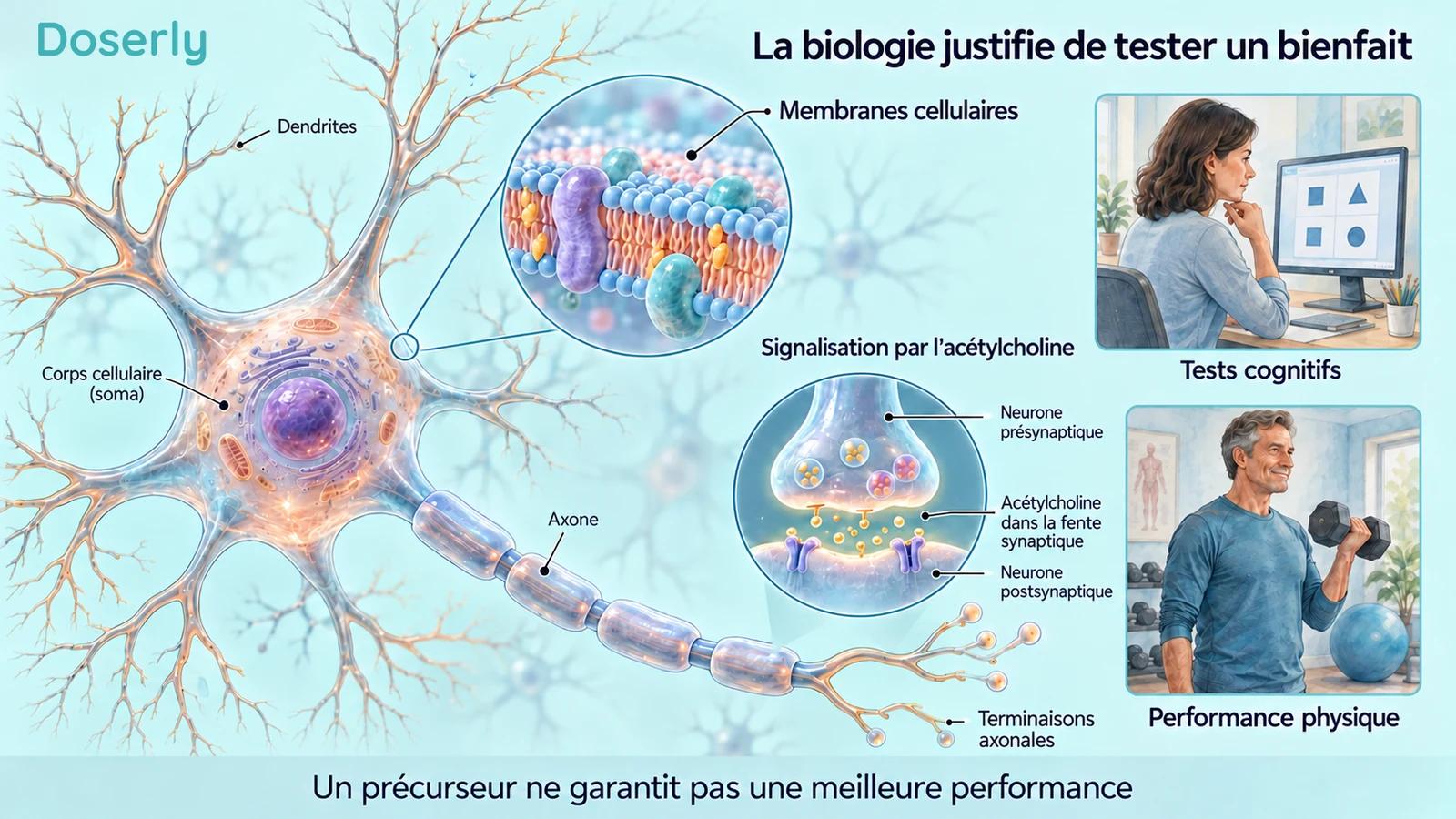 Un neurone détaillé et un encadré montrant une membrane illustrent la biologie liée à la choline, à côté de scènes distinctes de tâches d’attention et de tâches musculaires.