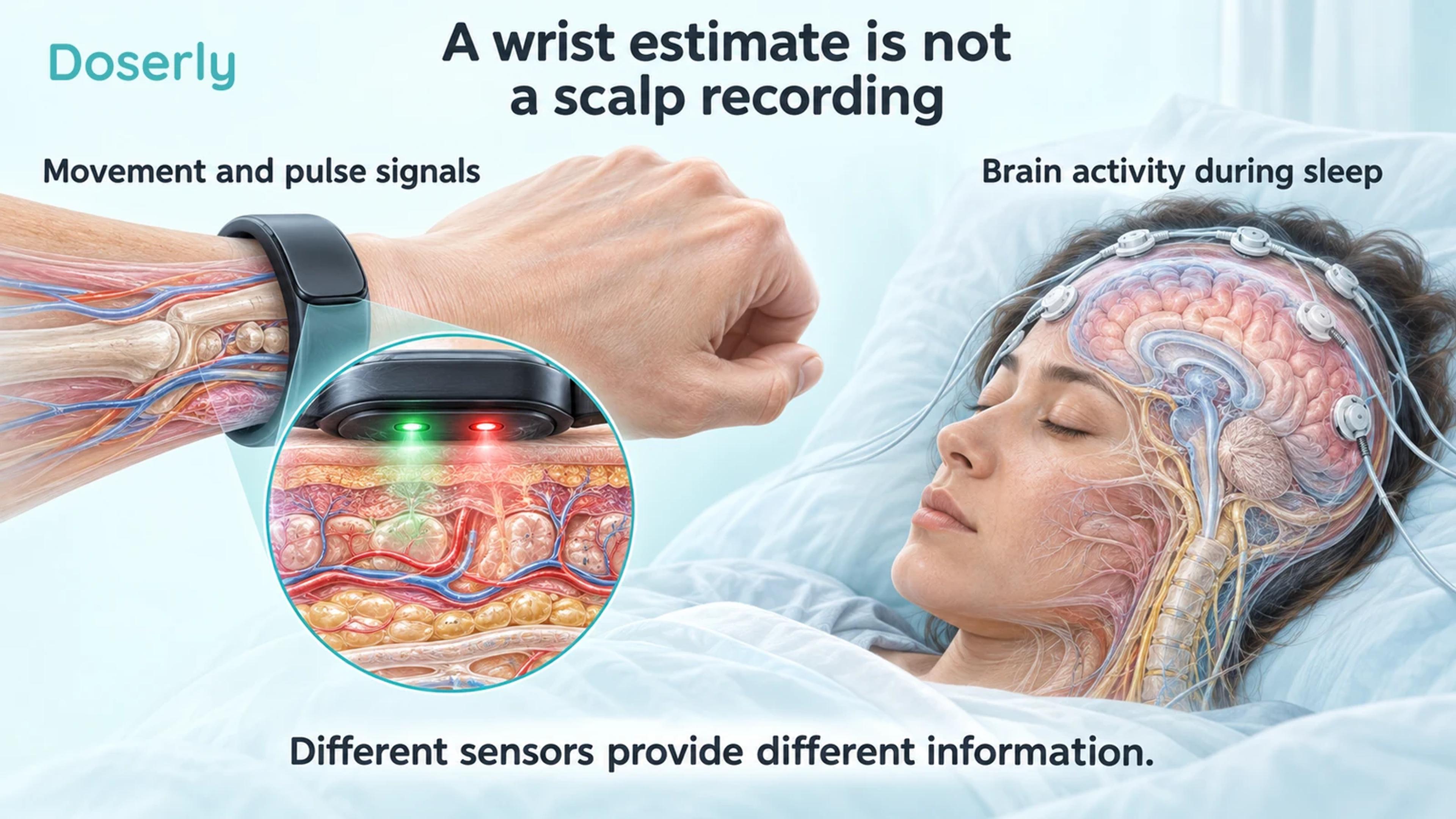A wrist tracker and enlarged skin-sensor illustration beside scalp EEG electrodes on a sleeping participant.