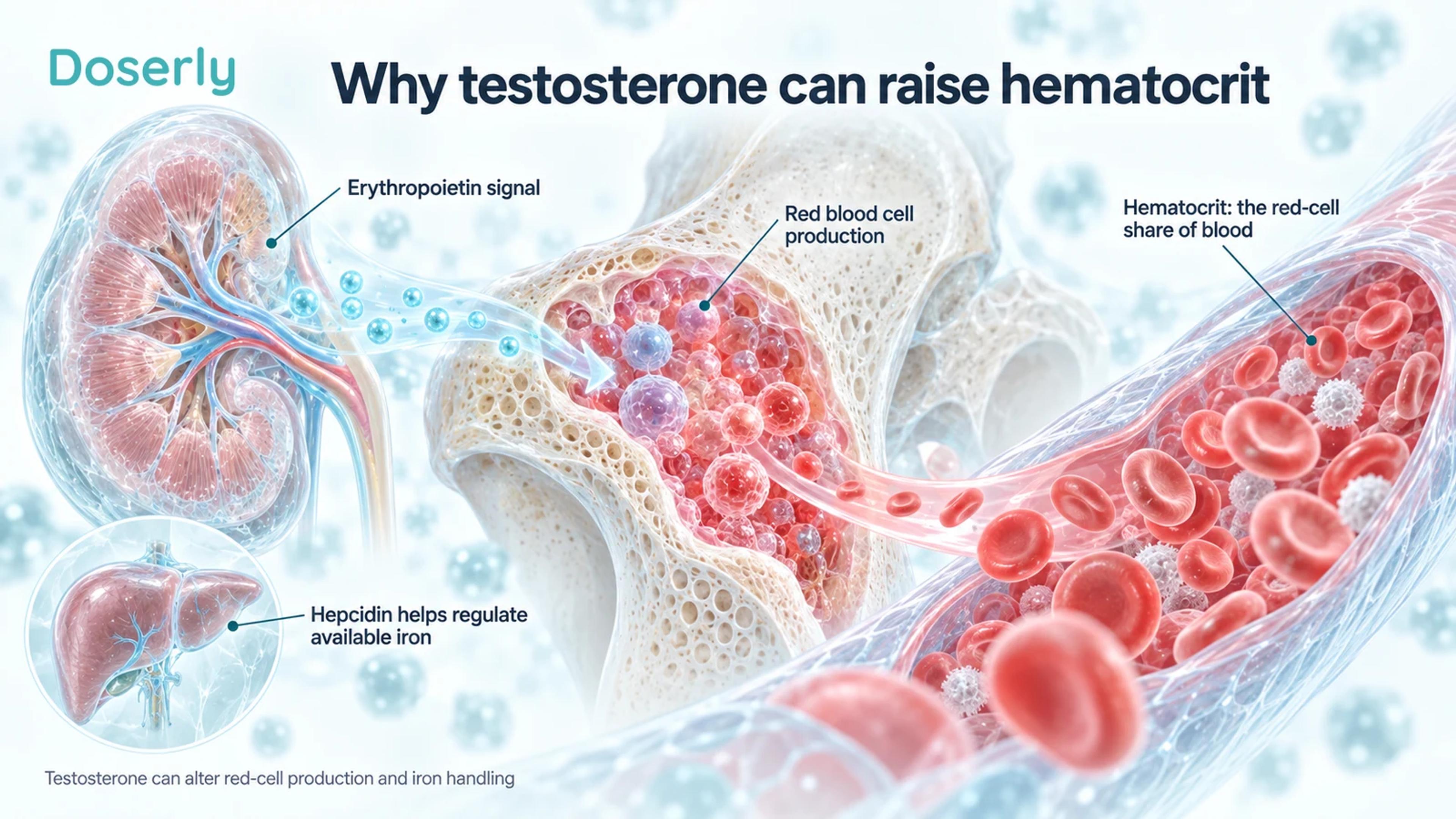 Kidney signaling, bone marrow and a blood vessel illustrate red-cell production, with a liver inset for hepcidin and iron regulation.