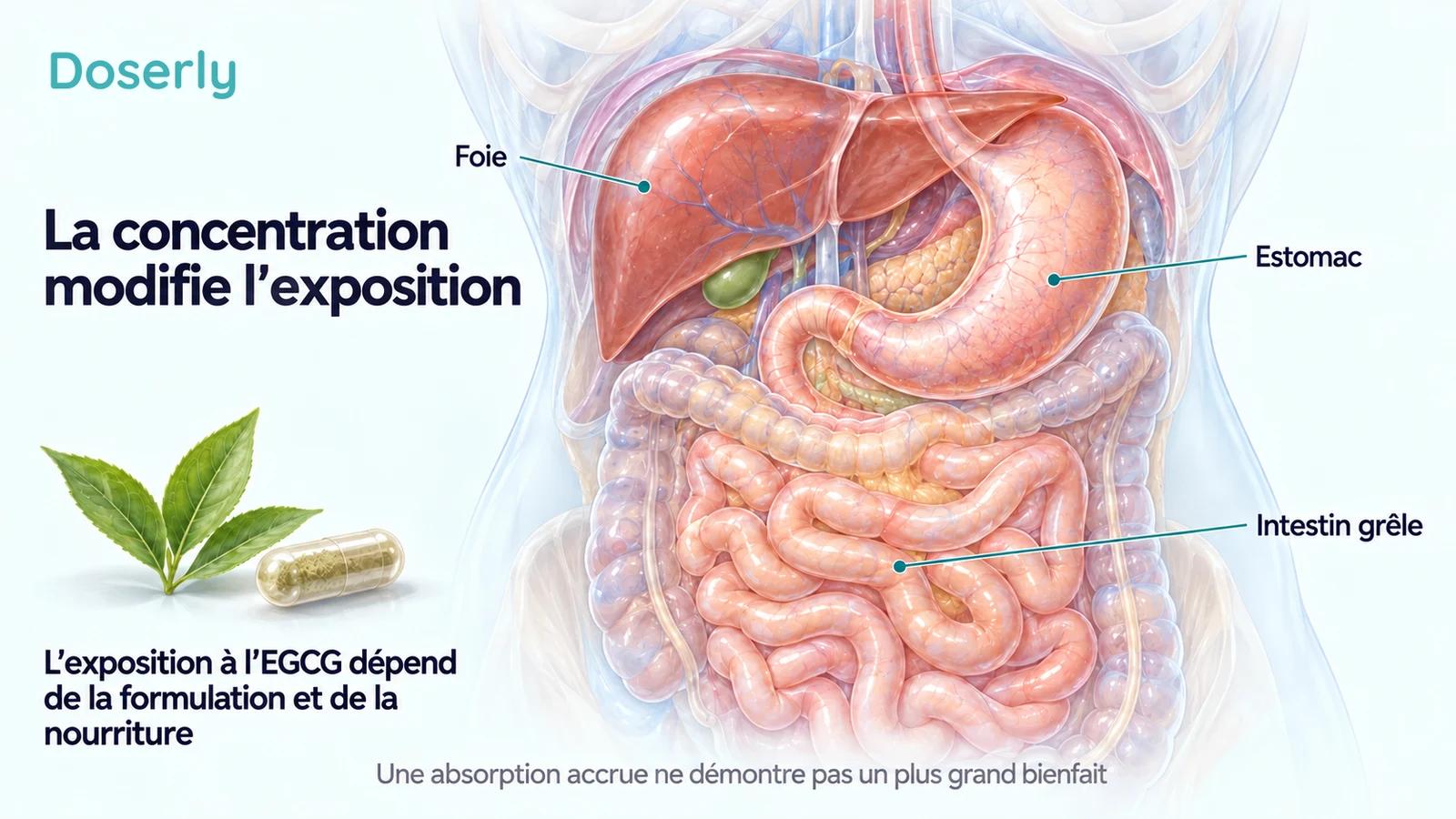 Anatomie abdominale translucide montrant le foie, l’estomac et l’intestin grêle à côté d’une feuille de thé et d’une capsule d’extrait