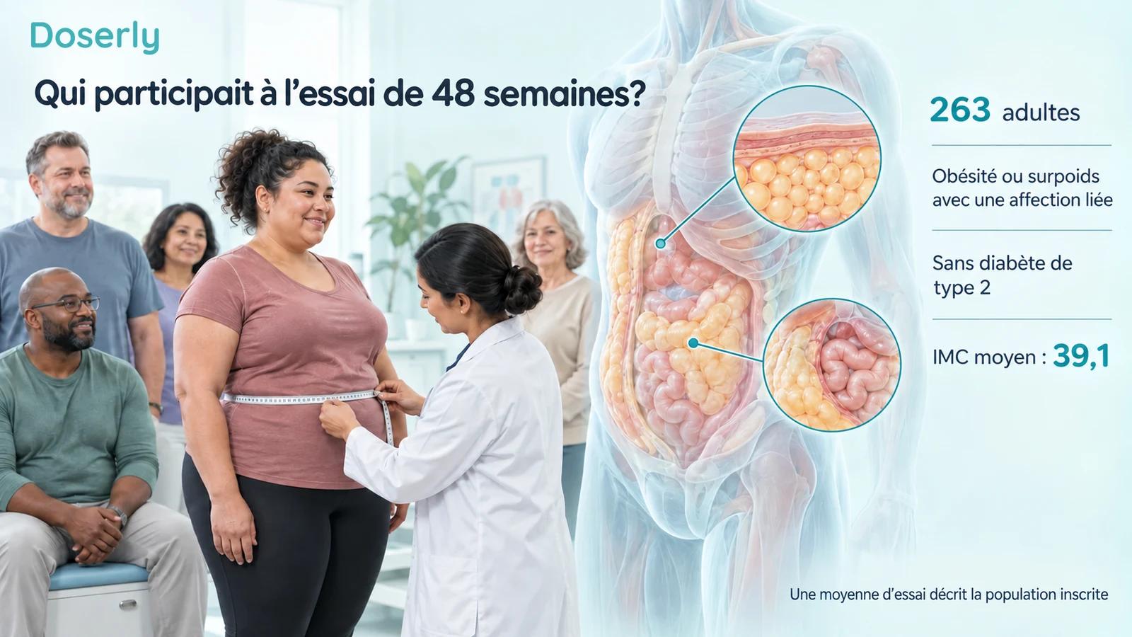 Des mesures cliniques et une représentation anatomique du tissu adipeux accompagnent les principales caractéristiques de la population suivie pendant 48 semaines.