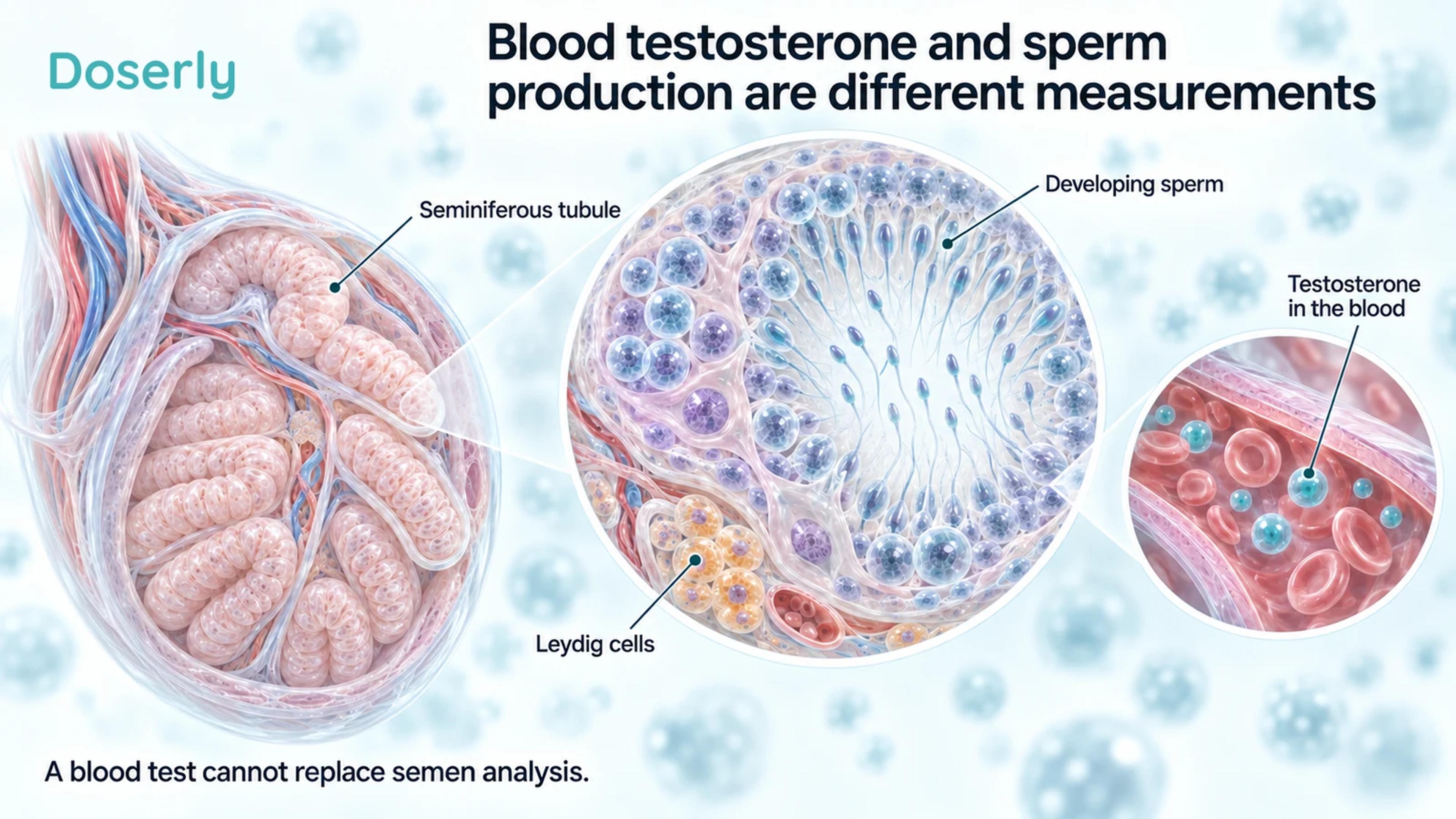 Detailed testis cutaway with developing sperm inside seminiferous tubules, Leydig cells outside the tubules, and a separate blood-vessel inset.