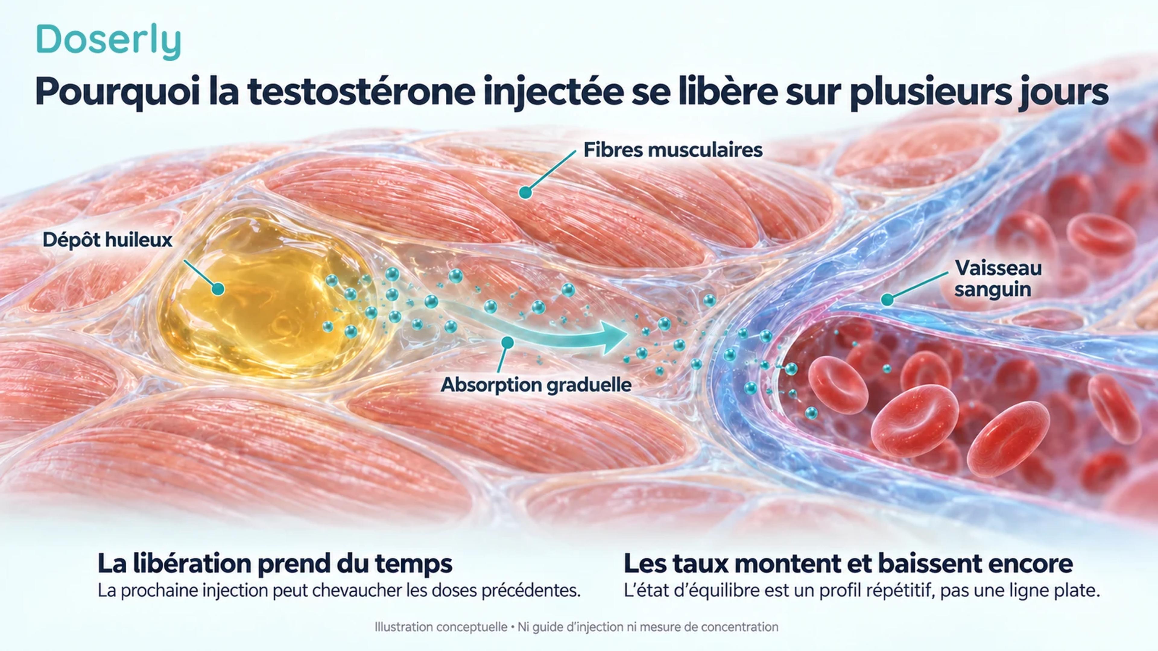 Illustration conceptuelle détaillée d’un muscle montrant un dépôt huileux, le déplacement graduel du médicament vers un vaisseau sanguin distinct et des annotations expliquant le chevauchement des doses.