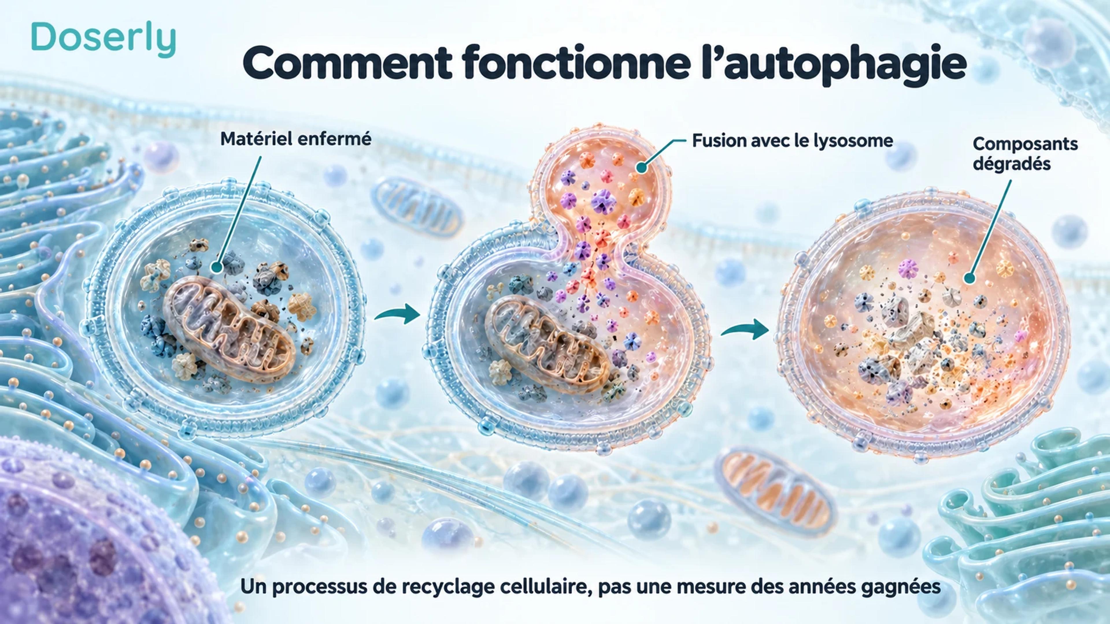 Compartiments cellulaires détaillés illustrant l’enfermement du matériel, la fusion avec un lysosome et la dégradation du matériel enfermé.