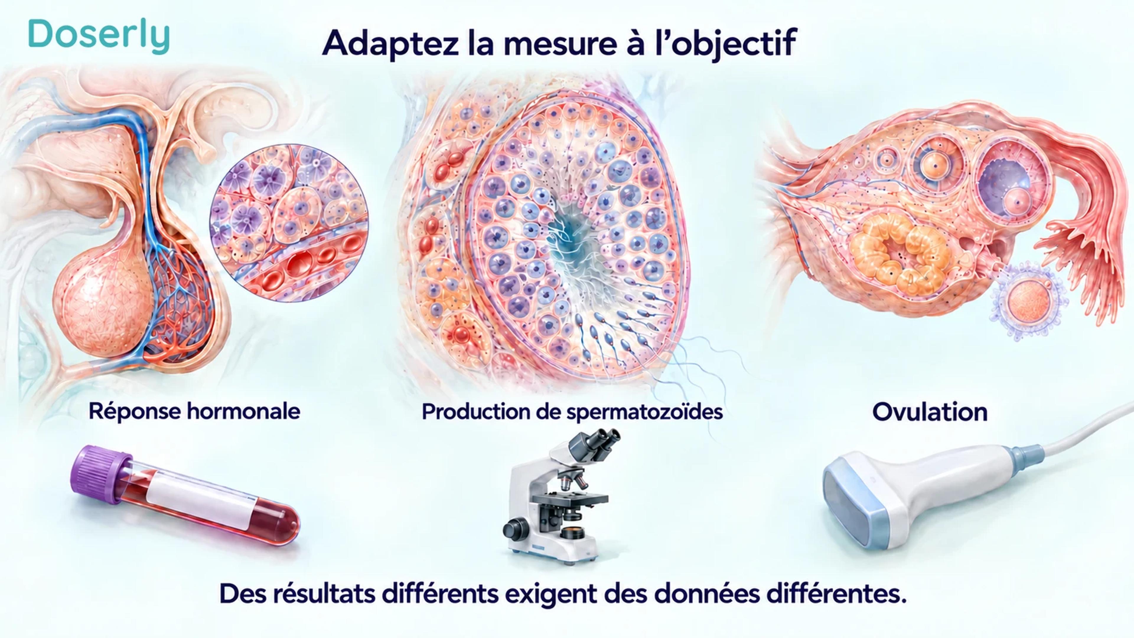 Tissu hypophysaire détaillé, tubule produisant des spermatozoïdes et ovaire, avec du matériel de prélèvement sanguin, de microscopie et d’échographie représentant différents critères d’évaluation reproductifs.