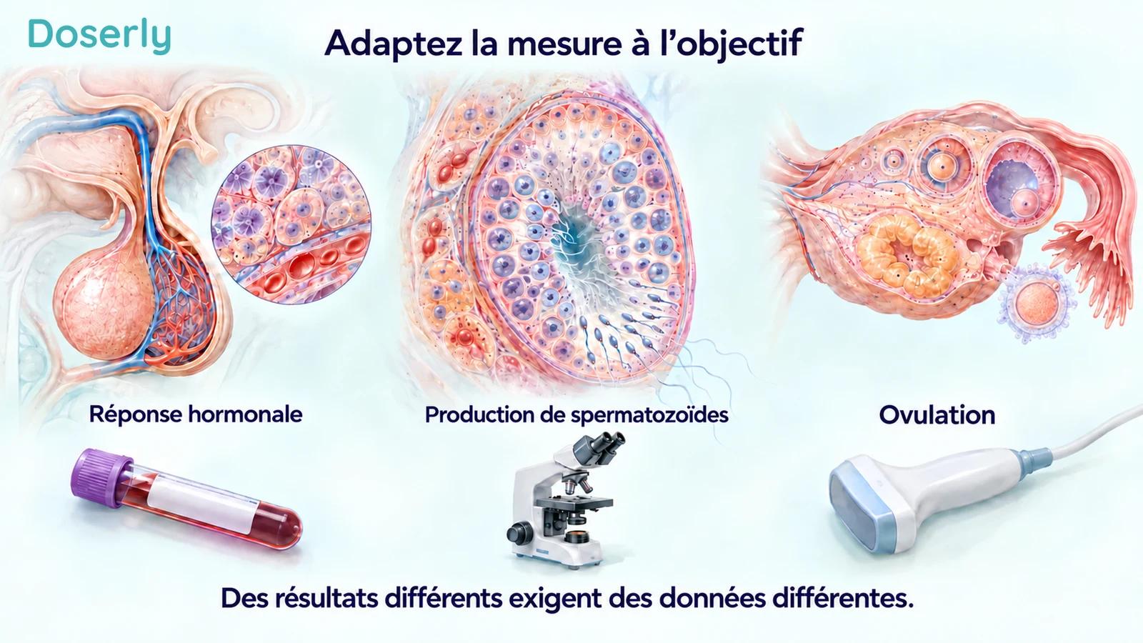 Tissu hypophysaire détaillé, tubule produisant des spermatozoïdes et ovaire, avec du matériel de prélèvement sanguin, de microscopie et d’échographie représentant différents critères d’évaluation reproductifs.