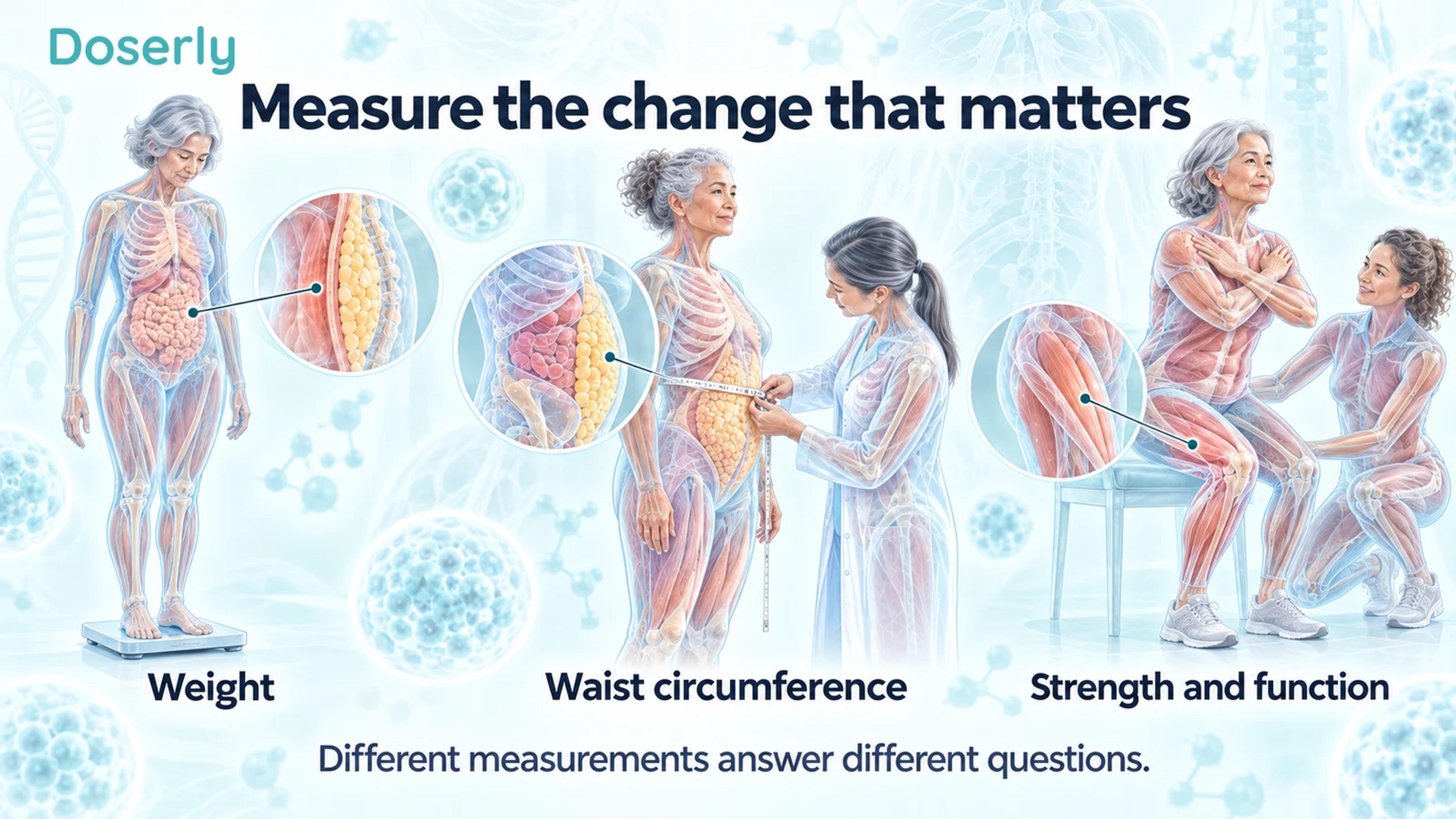Women having weight and waist measured and practicing a chair stand with a physiotherapist.