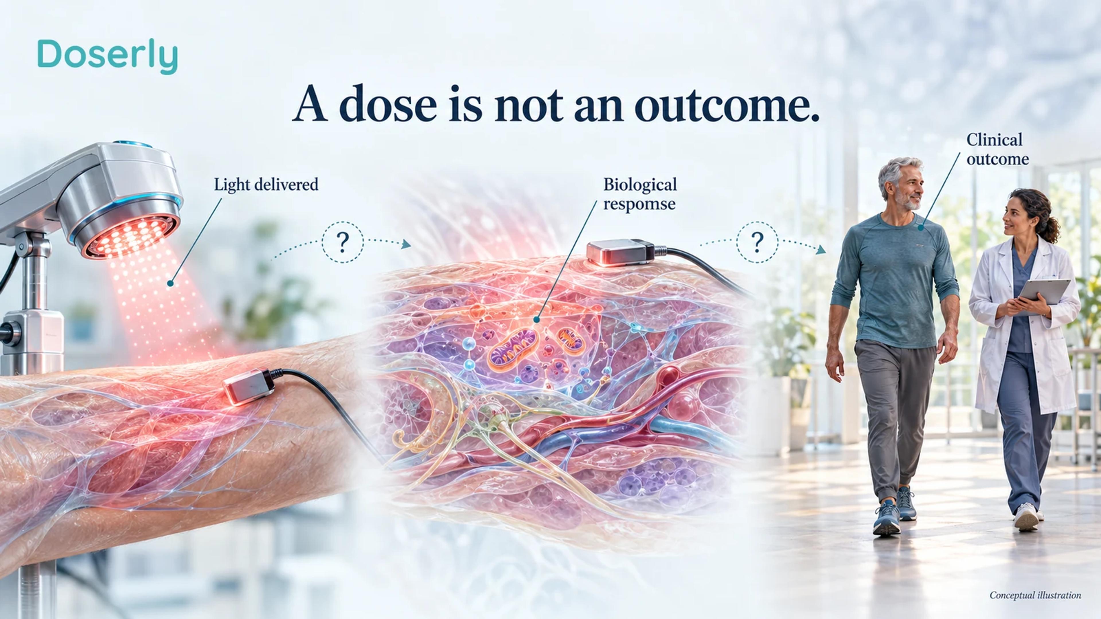 A conceptual research scene separates calibrated light delivery, a physiological measurement and a patient-reported functional outcome.