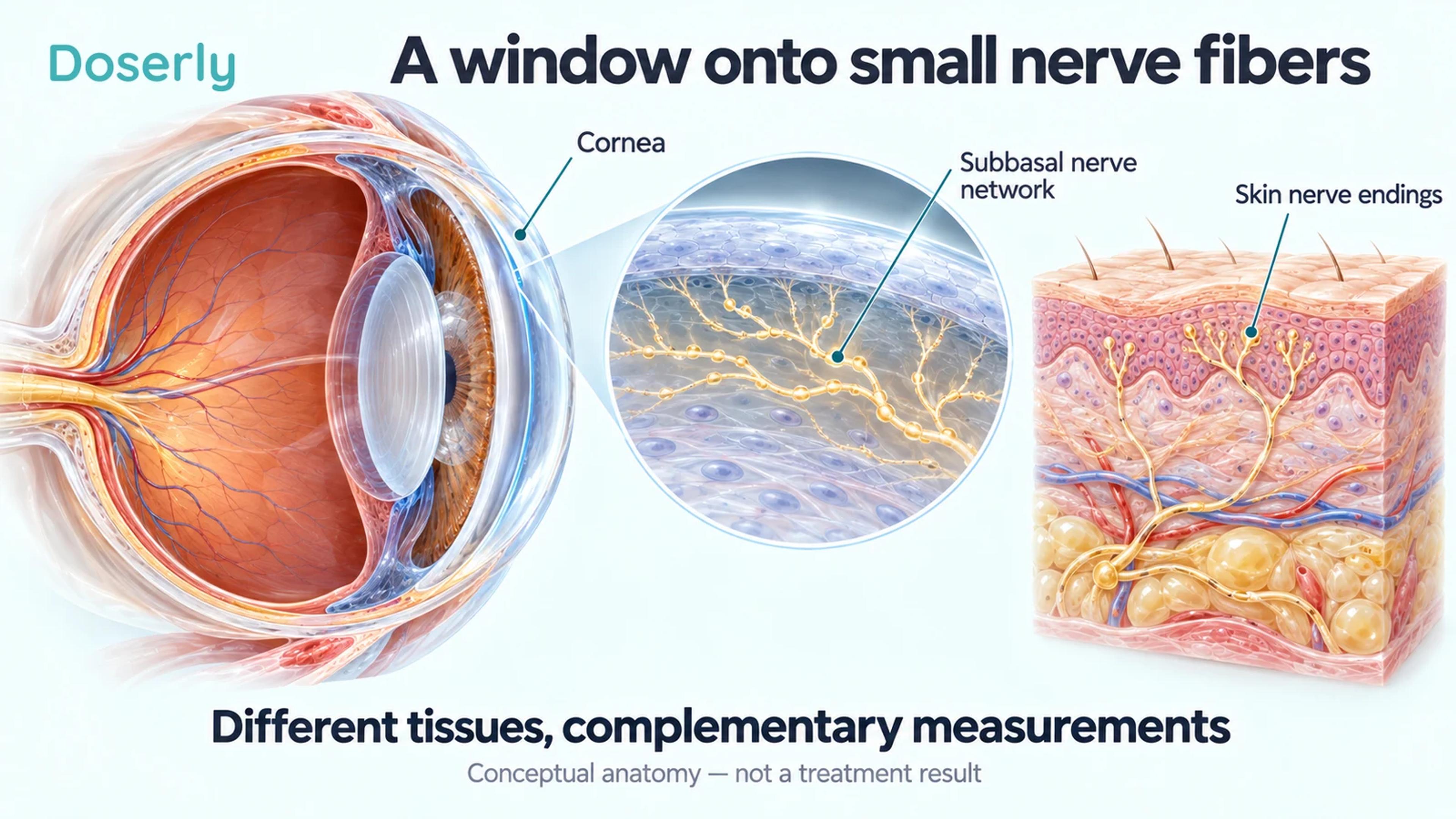 A translucent eye cutaway with magnified corneal nerves beside a separate skin cross-section with sensory nerve endings.
