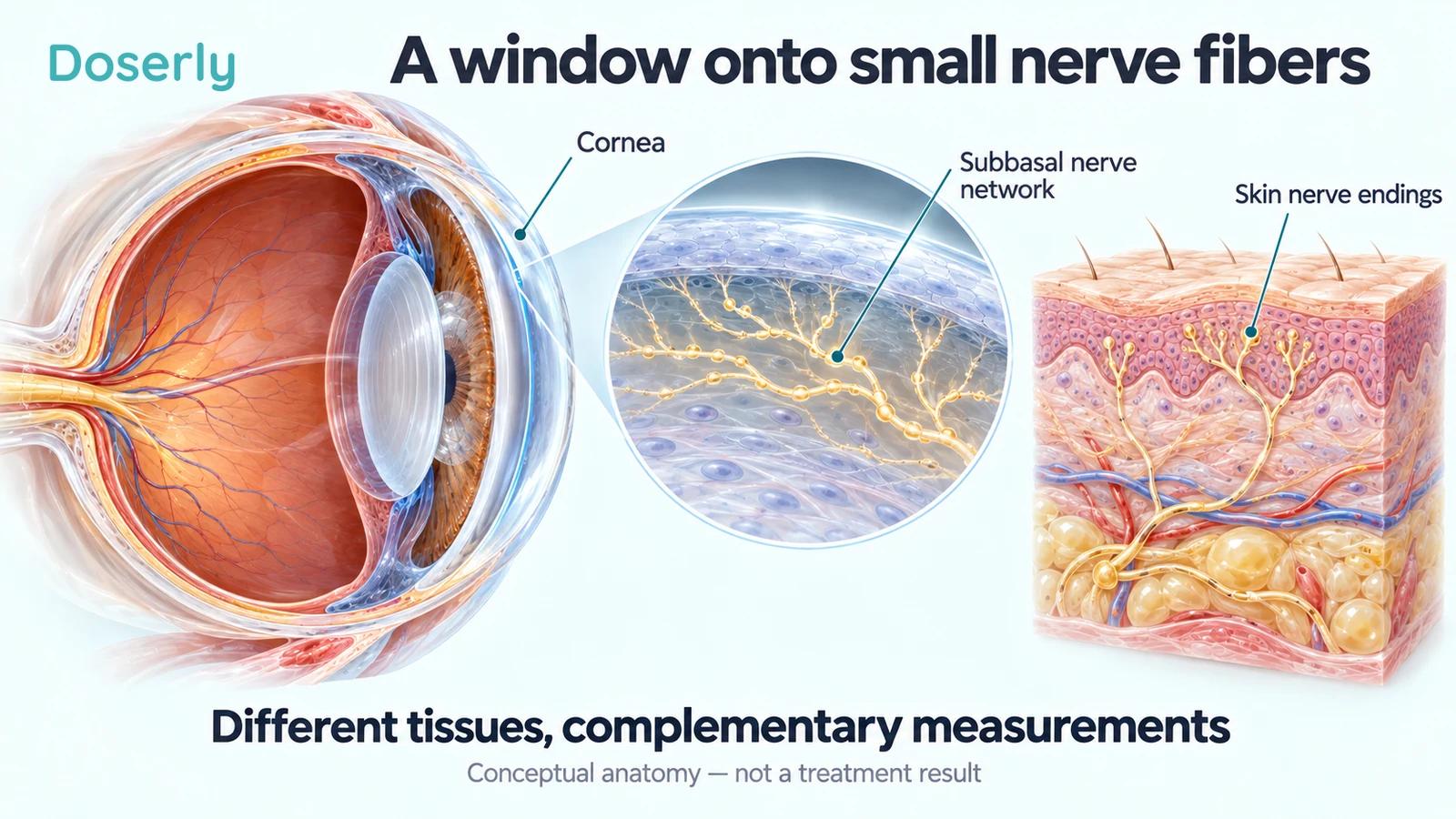 A translucent eye cutaway with magnified corneal nerves beside a separate skin cross-section with sensory nerve endings.