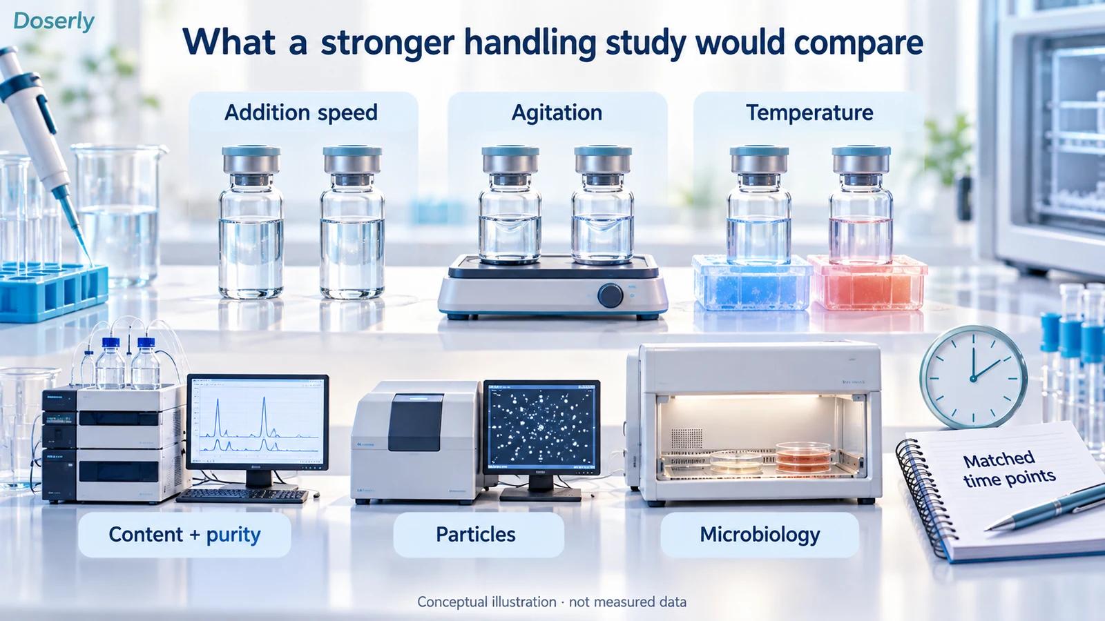 Matched vial groups with controlled addition, agitation and temperature conditions feeding into chemical, particle and microbiological tests.
