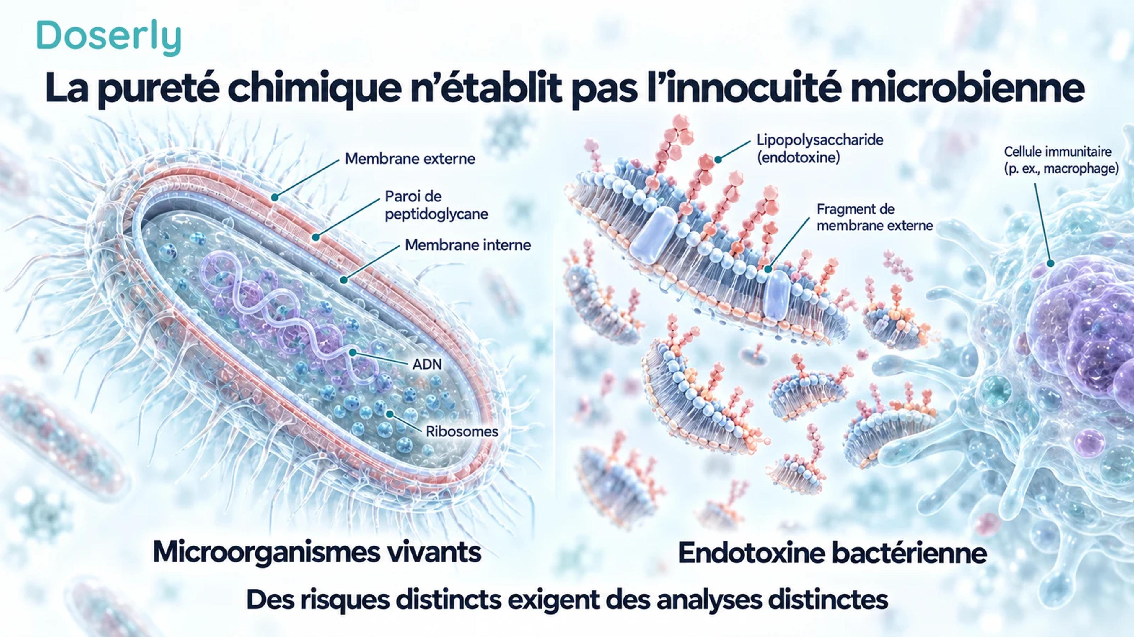 Coupe détaillée d’une bactérie à côté de fragments de membrane externe et d’une cellule immunitaire, distinguant les microbes des endotoxines