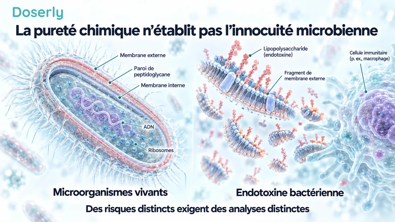 Coupe détaillée d’une bactérie à côté de fragments de membrane externe et d’une cellule immunitaire, distinguant les microbes des endotoxines
