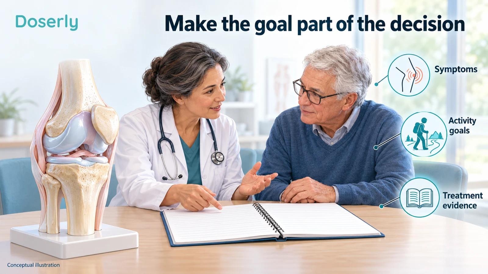 Illustrated clinician and clothed older adult reviewing a blank activity record beside a separate anatomically detailed knee model.