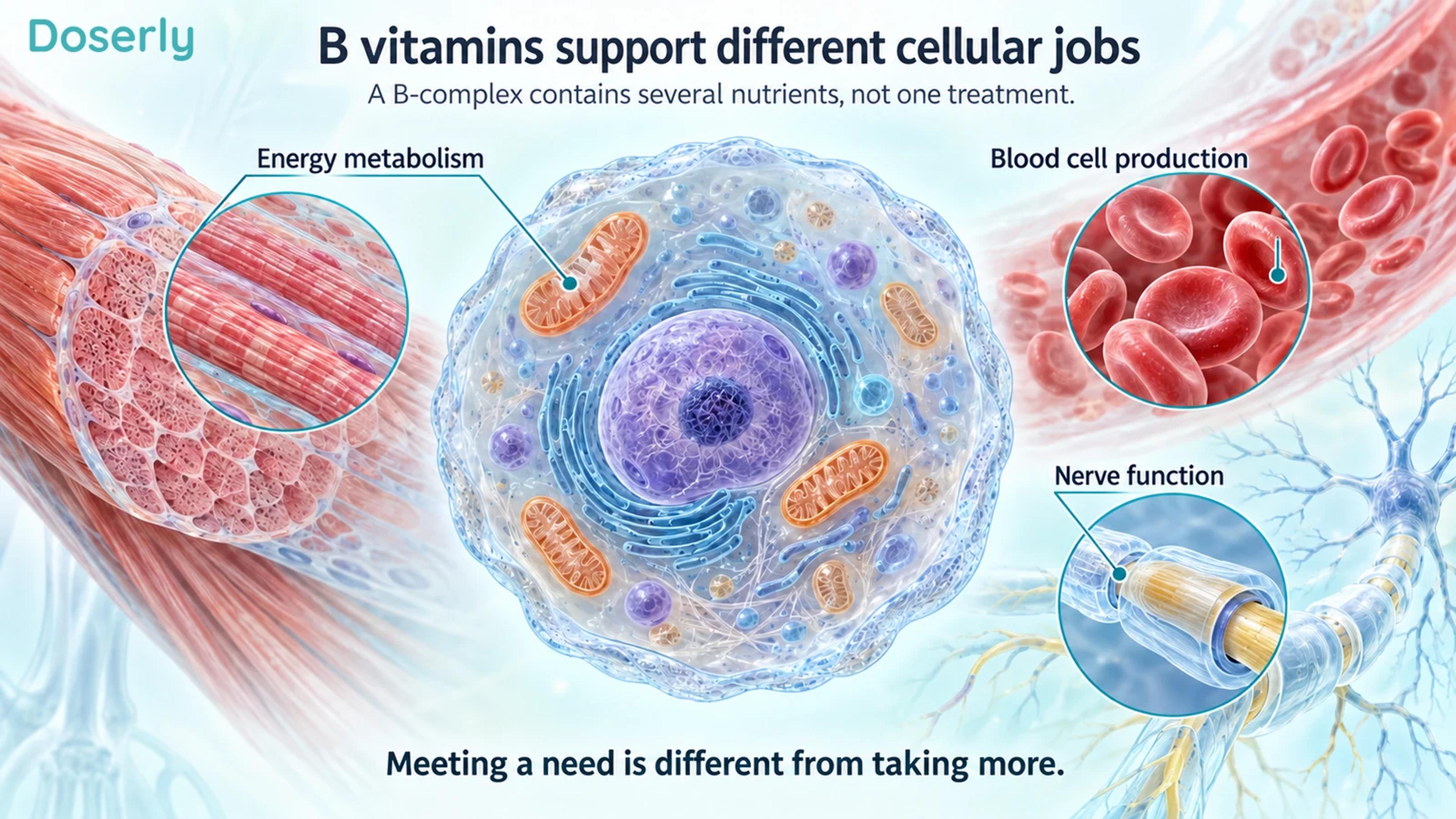 A detailed cell, skeletal muscle, blood cells and a nerve illustrate several functions supported by different B vitamins.