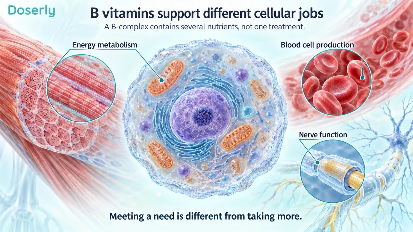 A detailed cell, skeletal muscle, blood cells and a nerve illustrate several functions supported by different B vitamins.