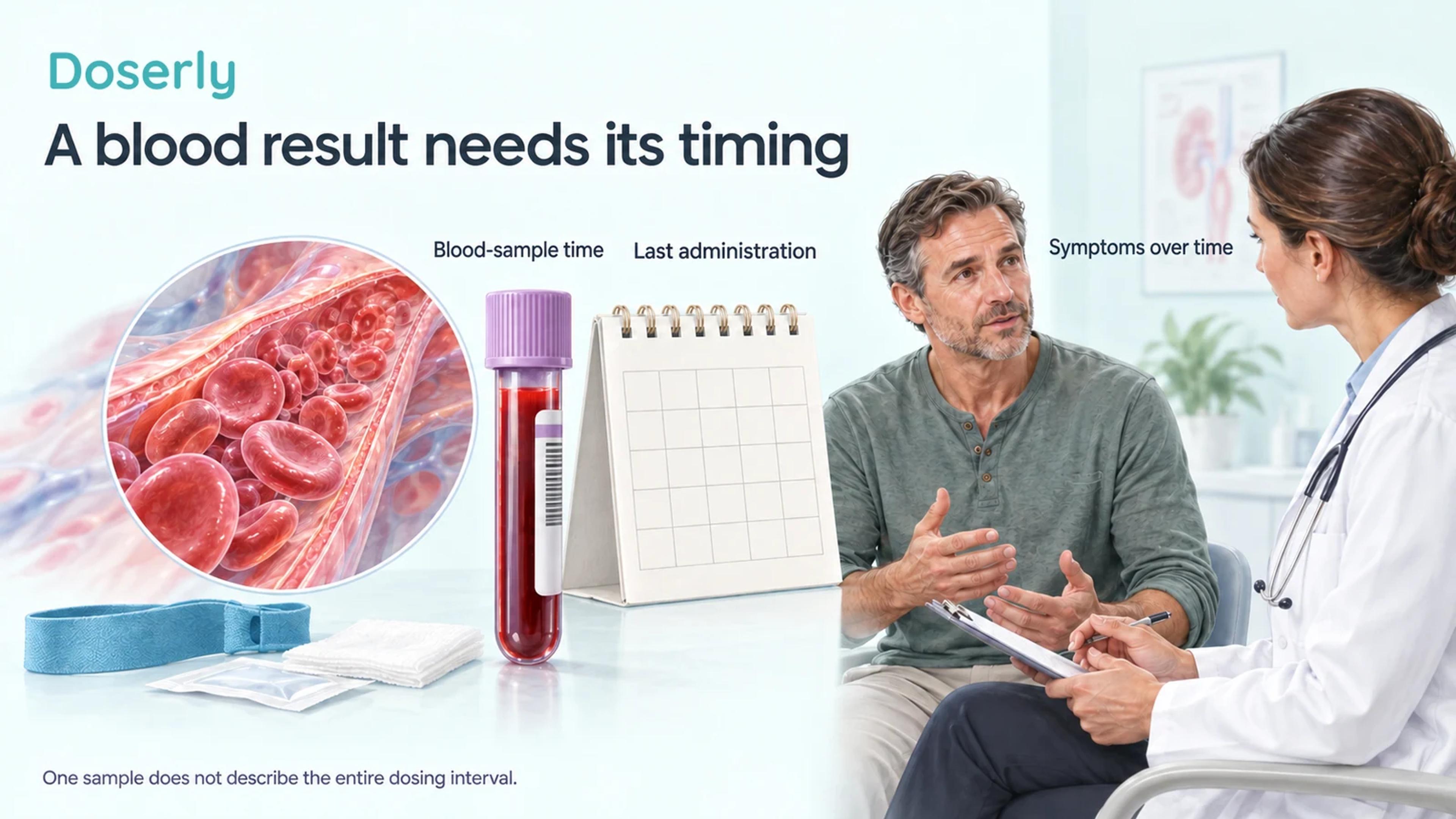 Illustrated blood sample beside a calendar and a patient-clinician conversation, separating administration timing, blood-test timing and symptom assessment.