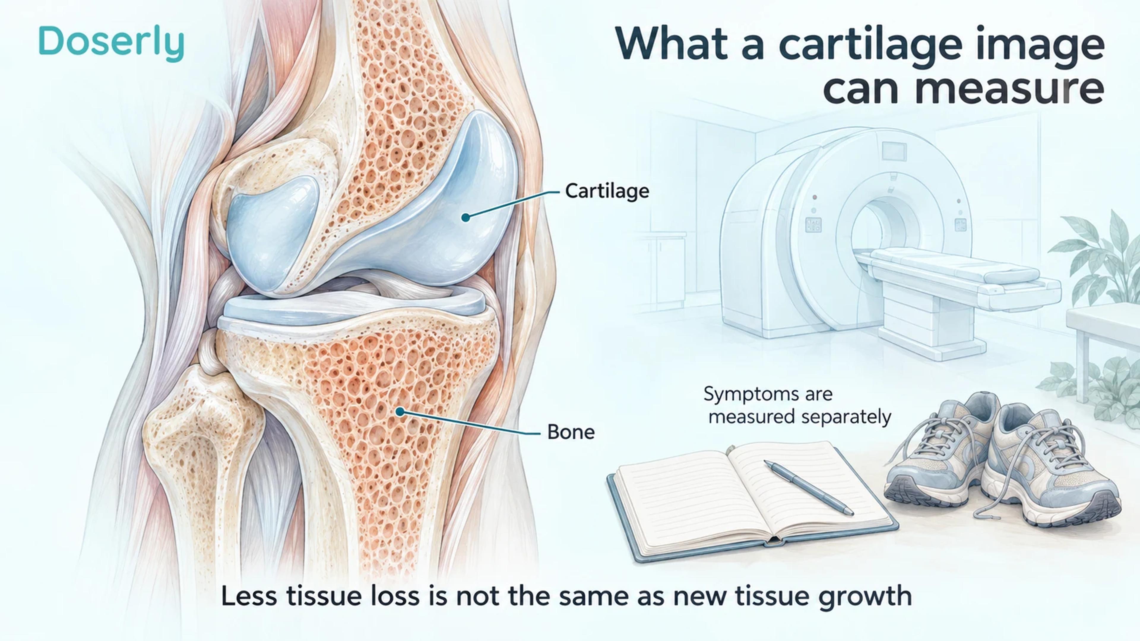 A detailed knee cutaway identifies cartilage and bone beside an MRI scanner sketch, symptom diary and walking shoes.
