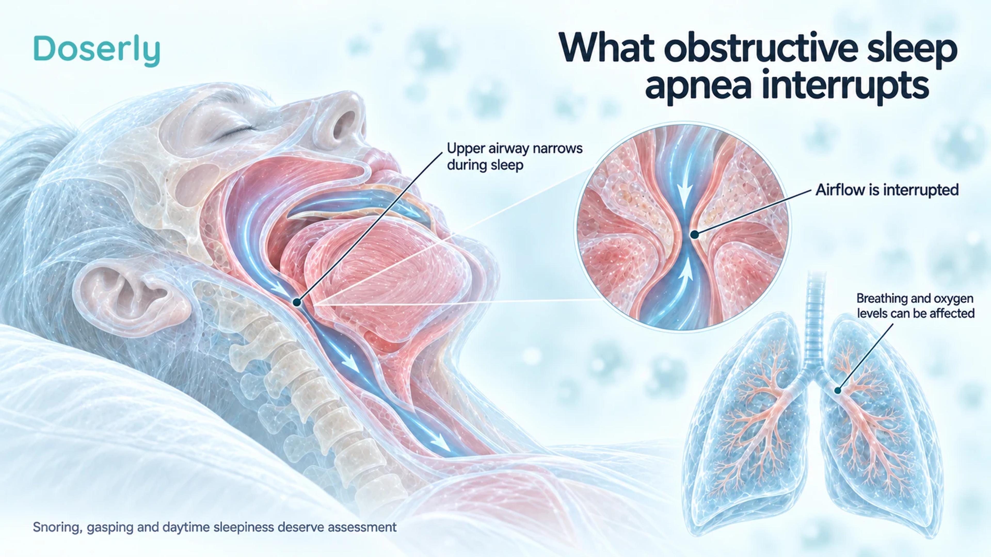 Side-profile airway cutaway shows narrowing behind the tongue during sleep, with enlarged airway and lung illustrations.