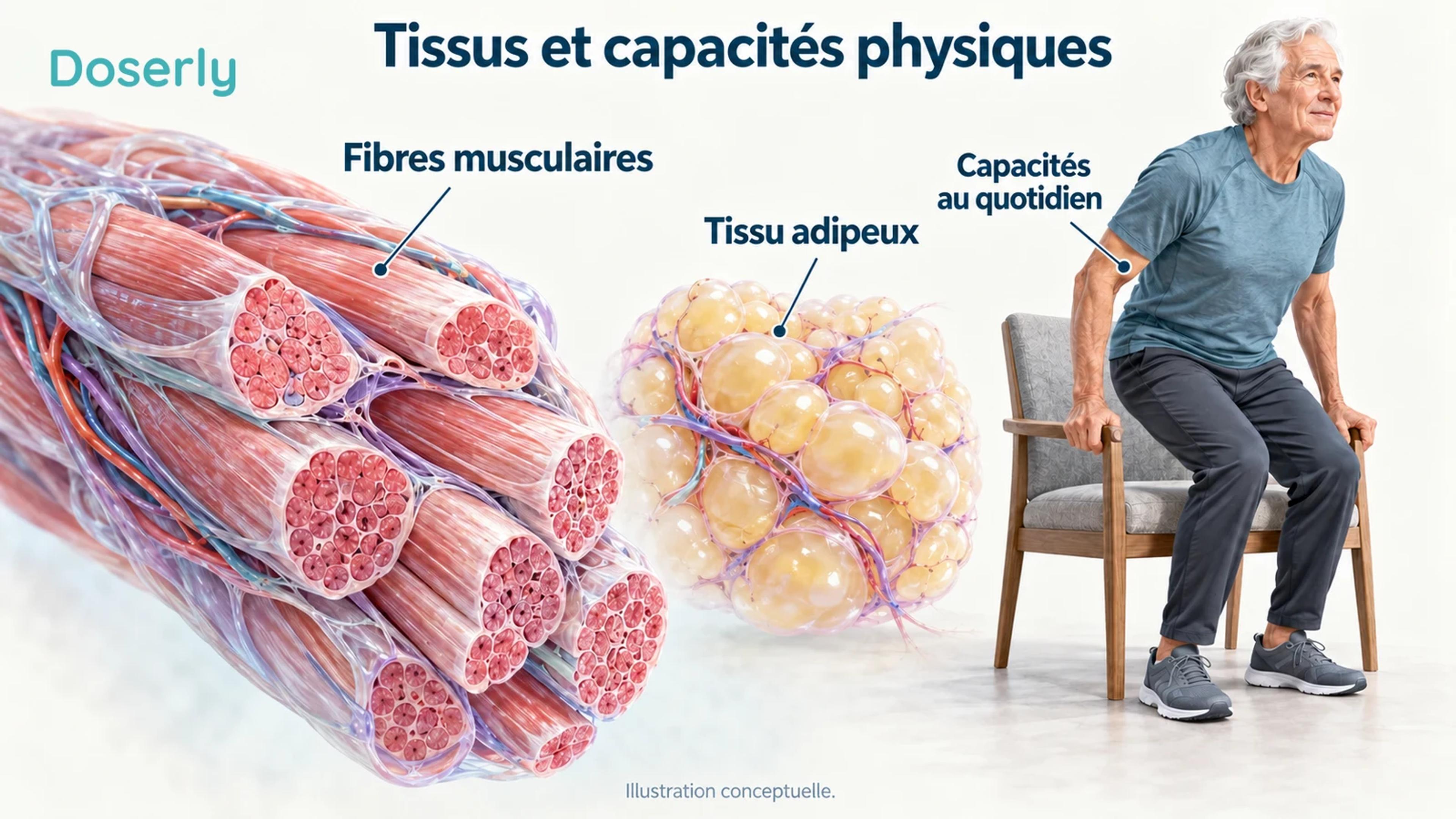 Fibres musculaires squelettiques avec une vue conceptuelle distincte du tissu adipeux et une scène fonctionnelle de lever de chaise.