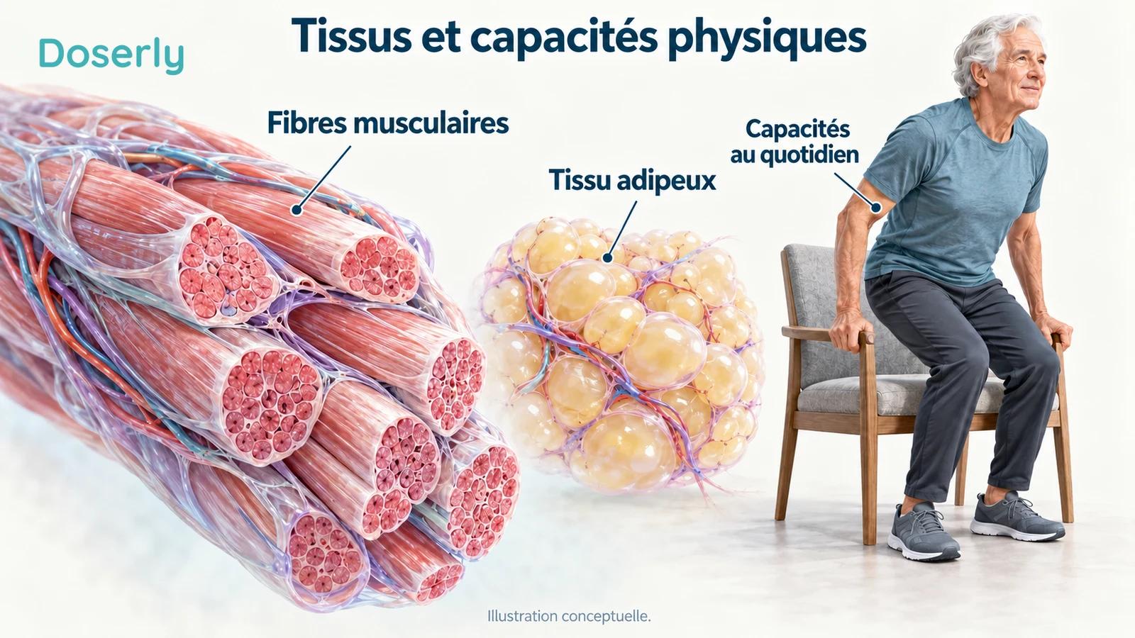 Fibres musculaires squelettiques avec une vue conceptuelle distincte du tissu adipeux et une scène fonctionnelle de lever de chaise.