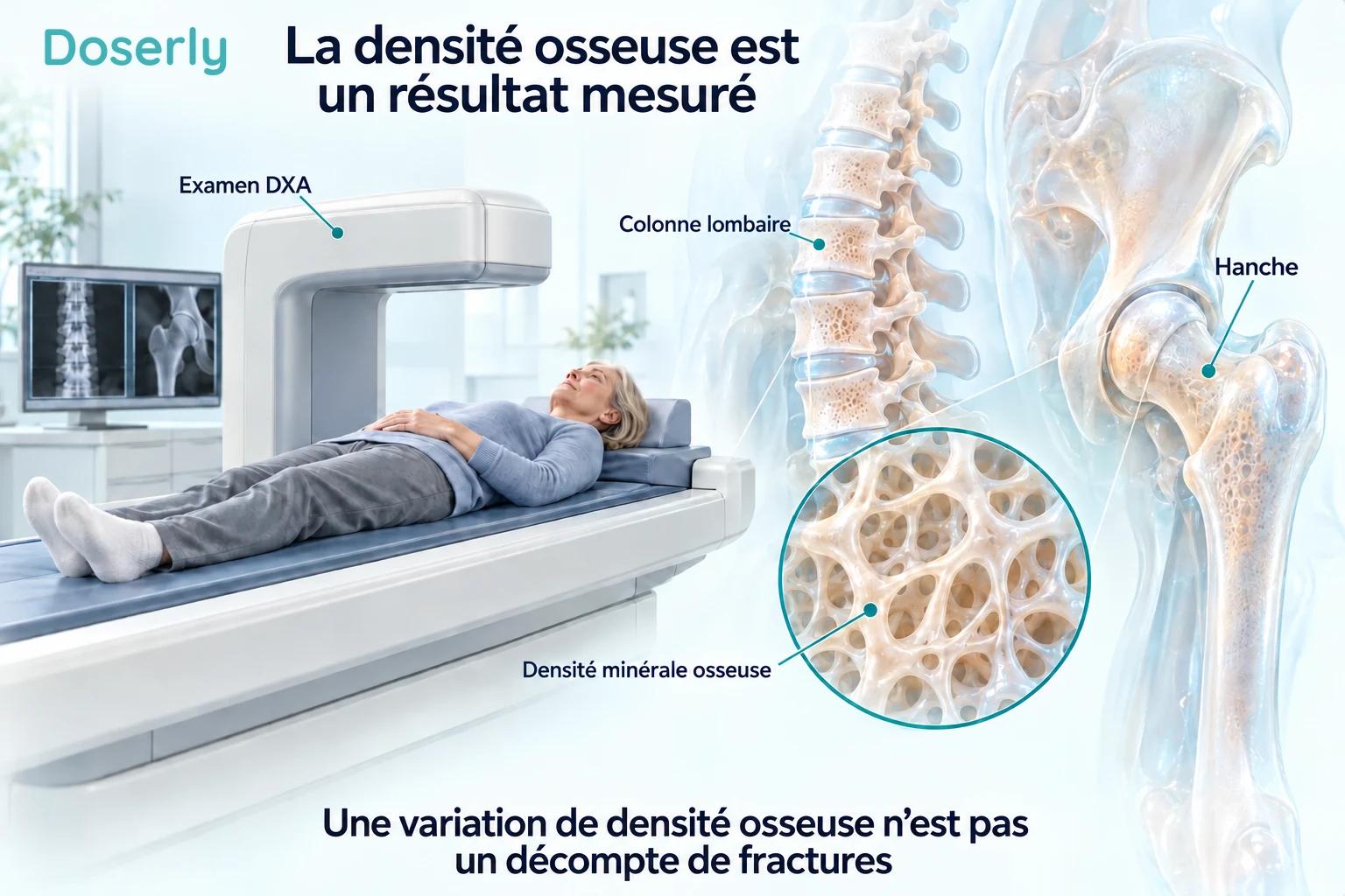 Un appareil de DXA et des vues agrandies de la hanche et de la colonne lombaire expliquent la mesure de la densité minérale osseuse.