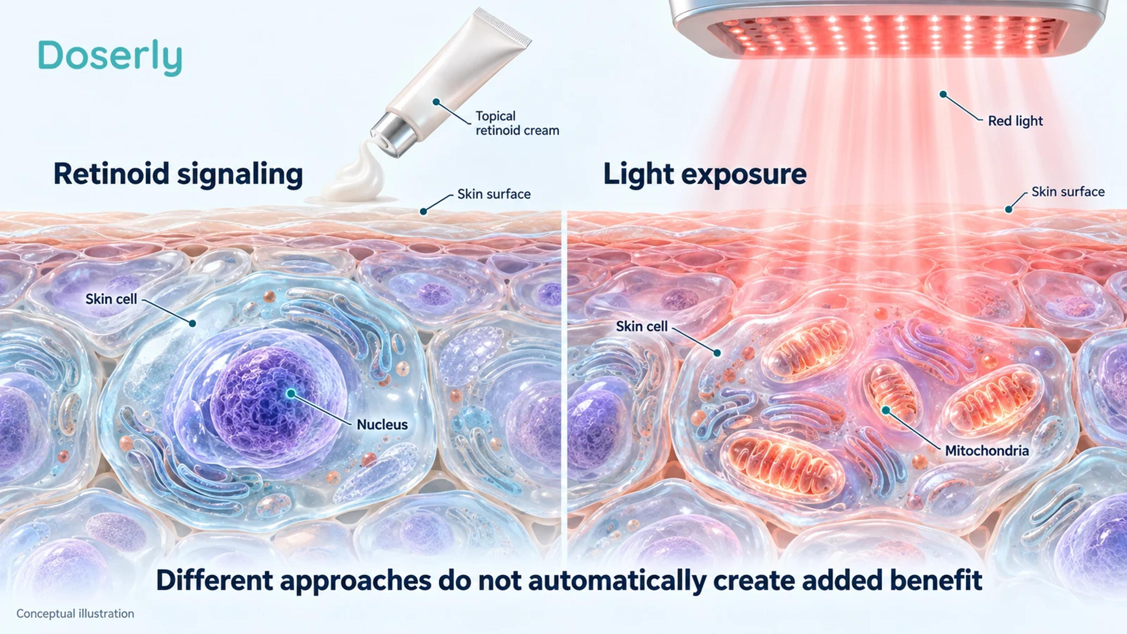 Conceptual skin-cell illustrations distinguish retinoid signaling from light exposure without claiming that combining them improves outcomes.