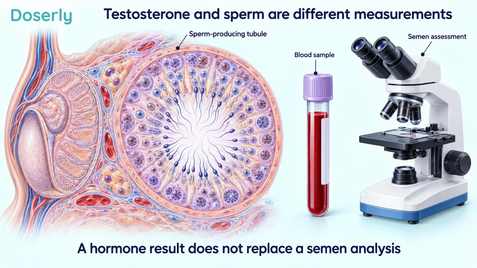 Detailed seminiferous tubule with developing germ cells, alongside an illustrated blood specimen and microscope representing different clinical measurements.
