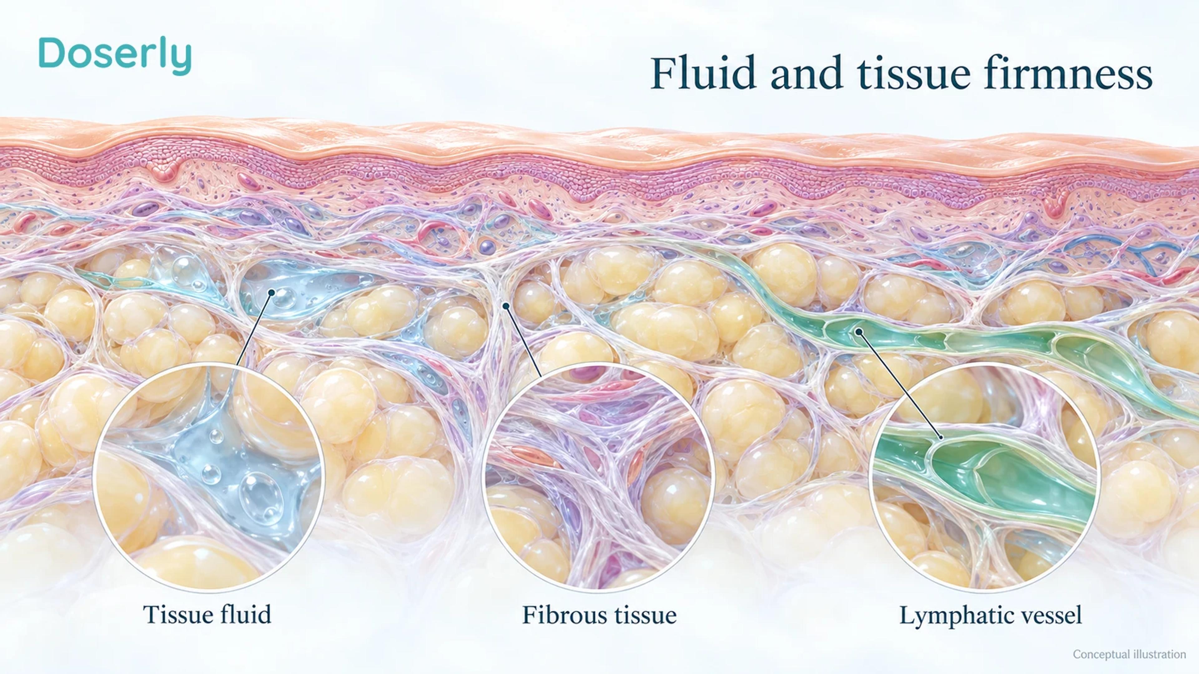 Conceptual skin and subcutaneous tissue cutaway with separate callouts for fluid spaces, fibrous tissue and a lymphatic vessel.