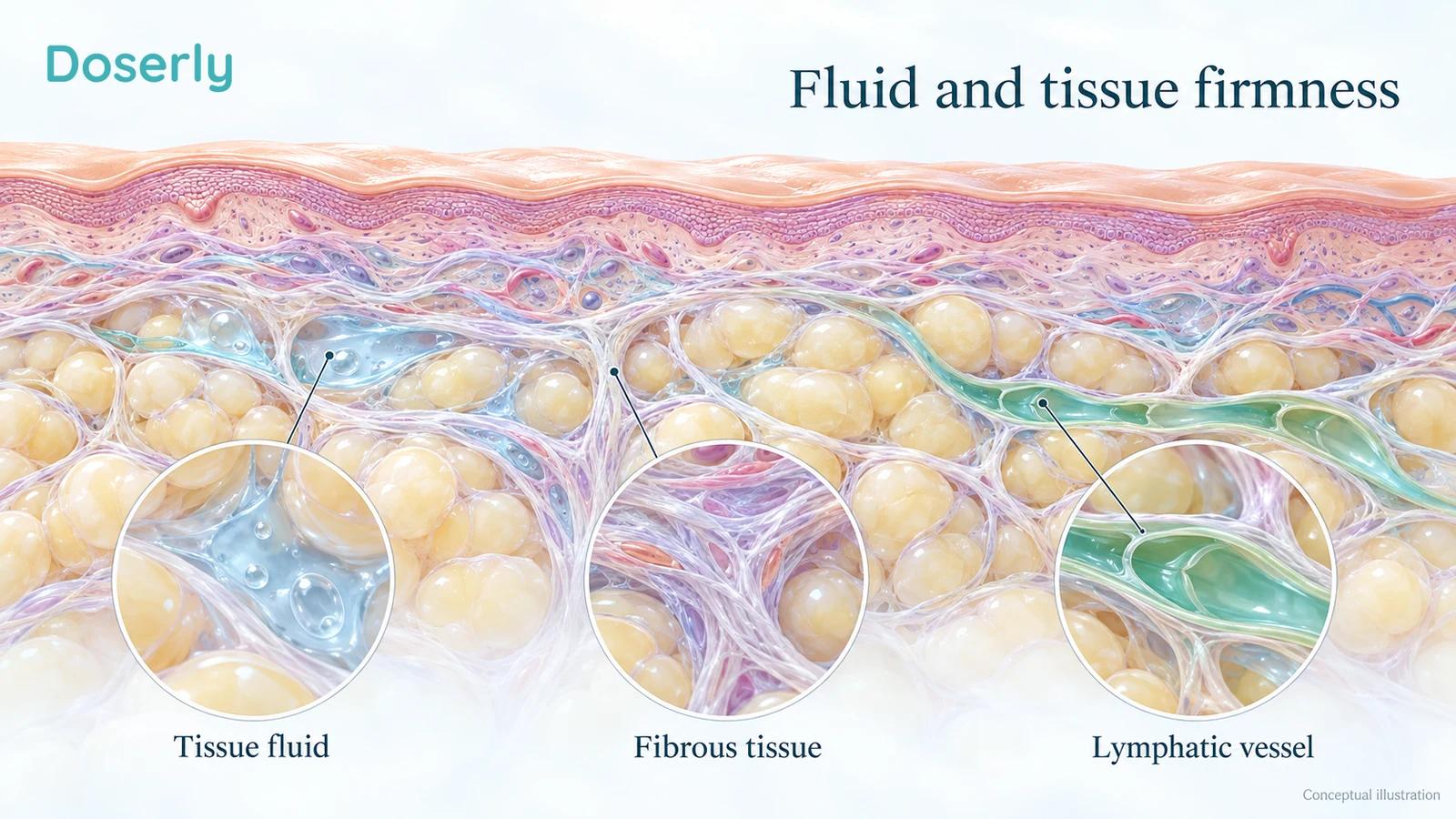Conceptual skin and subcutaneous tissue cutaway with separate callouts for fluid spaces, fibrous tissue and a lymphatic vessel.