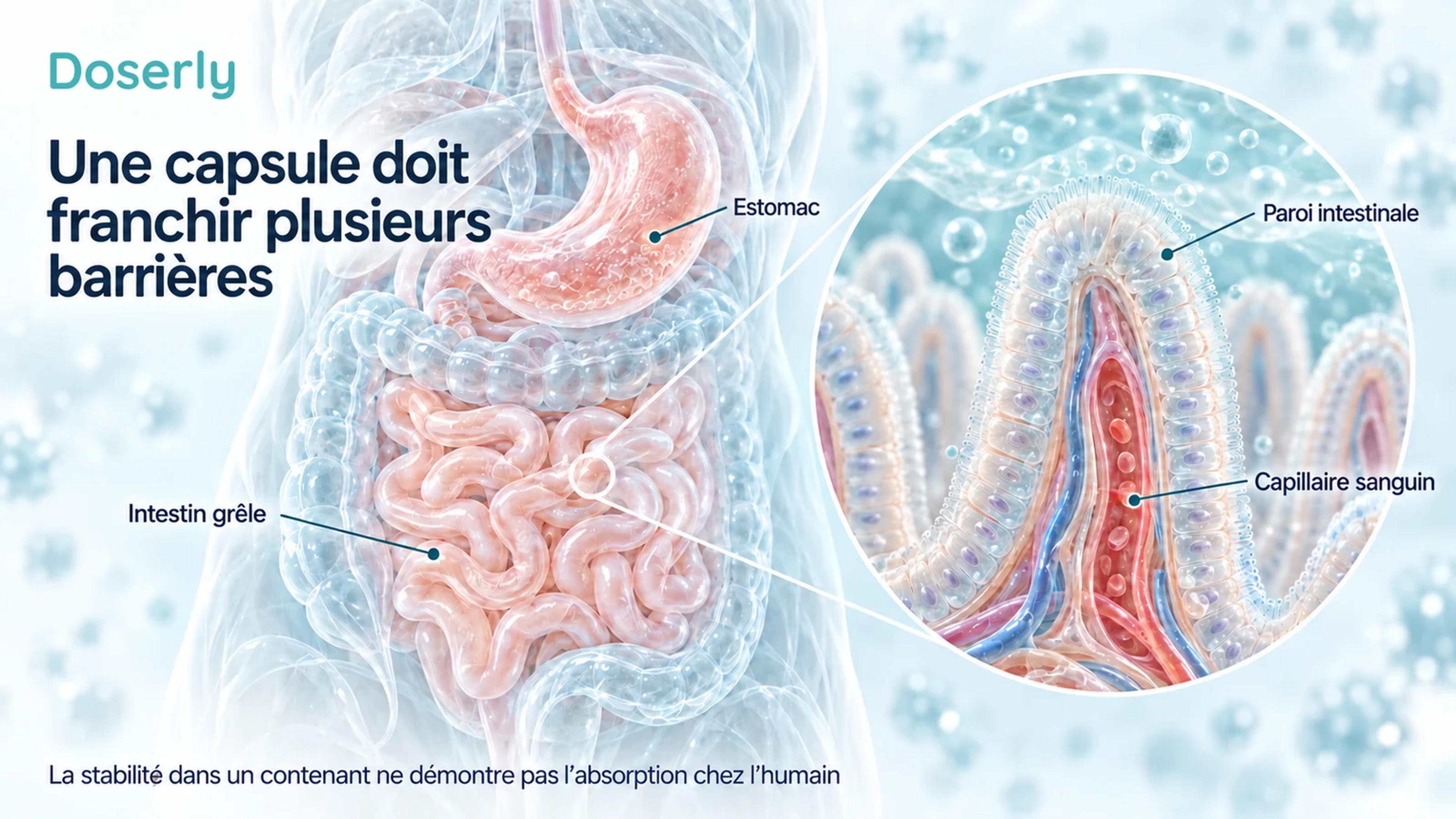 Coupe du tube digestif et agrandissement d’une villosité intestinale montrant la paroi intestinale et un capillaire sanguin.