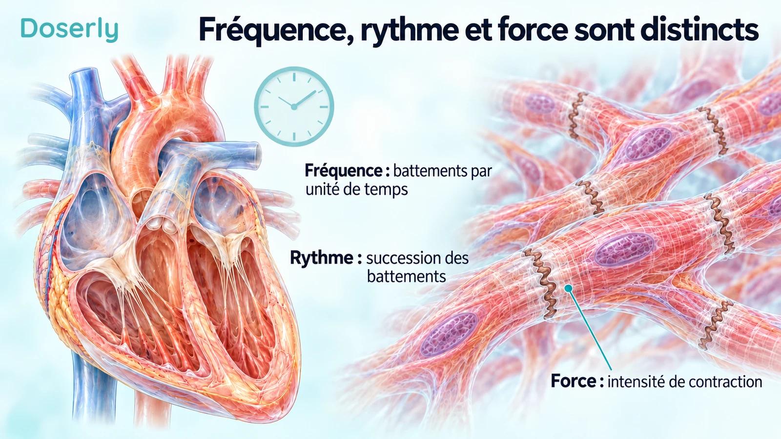 Cœur translucide et cellules musculaires cardiaques ramifiées à côté des définitions de fréquence, de rythme et de force