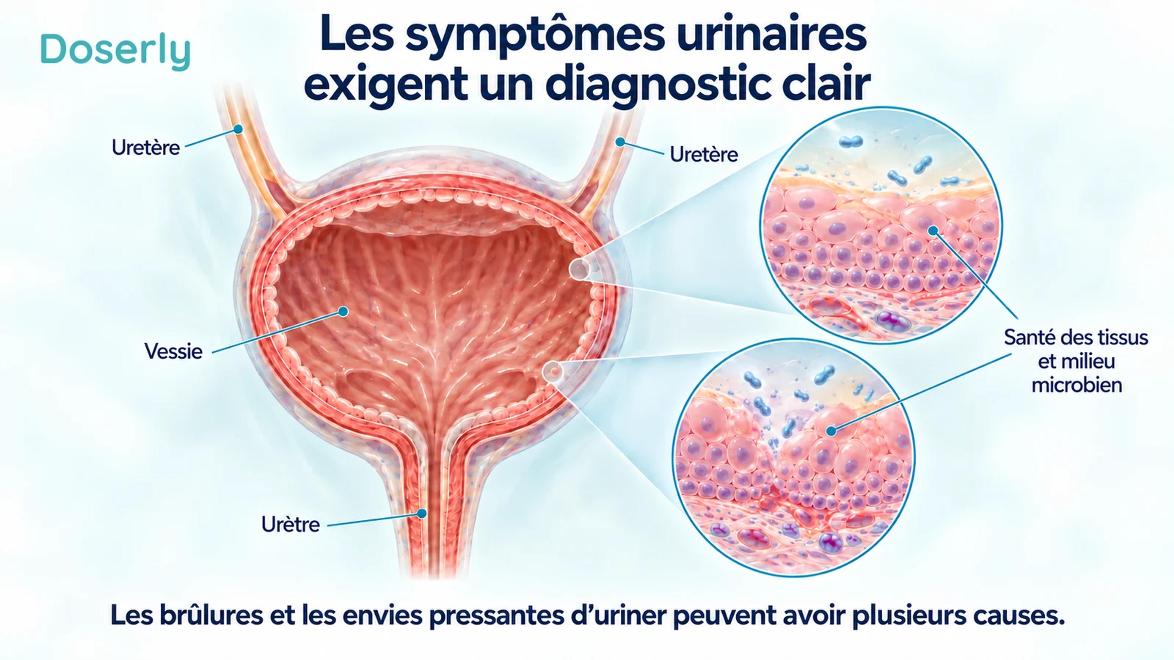 Vue détaillée et isolée de la vessie et de l’urètre, avec des encadrés de tissus microscopiques illustrant pourquoi les symptômes urinaires nécessitent un diagnostic.